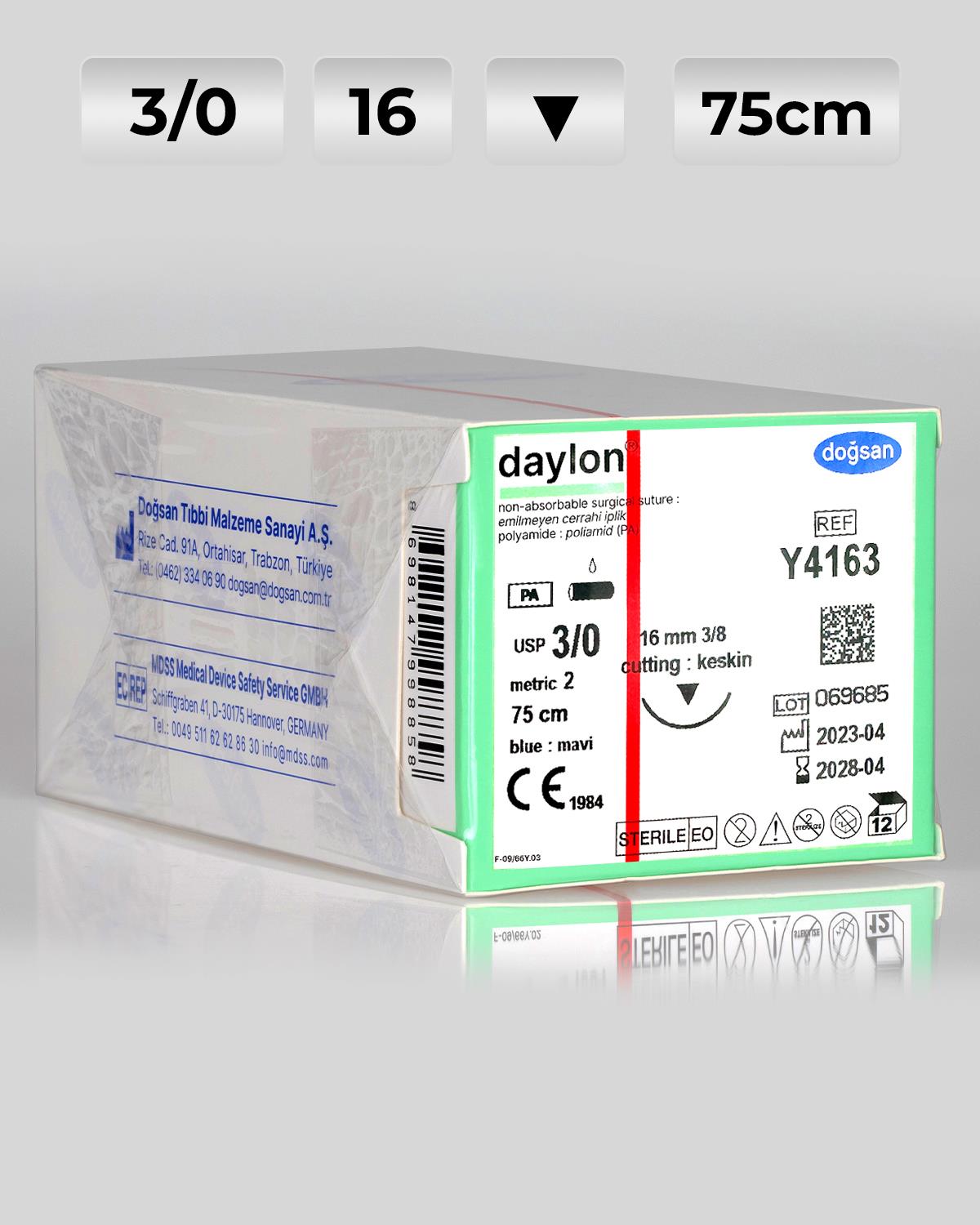 Y4163 DOĞSAN Daylon 3/0 16 3/8 Keskin (▼) 75cm Polyamid Emilemeyen Sütür 12 Ad./Pkt