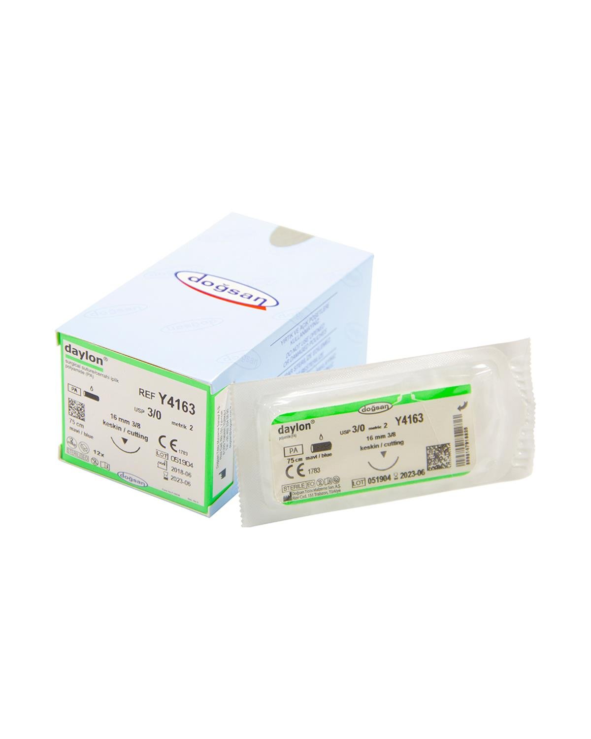 Y4163 DOĞSAN Daylon 3/0 16 3/8 Keskin (▼) 75cm Polyamid Emilemeyen Sütür 12 Ad./Pkt
