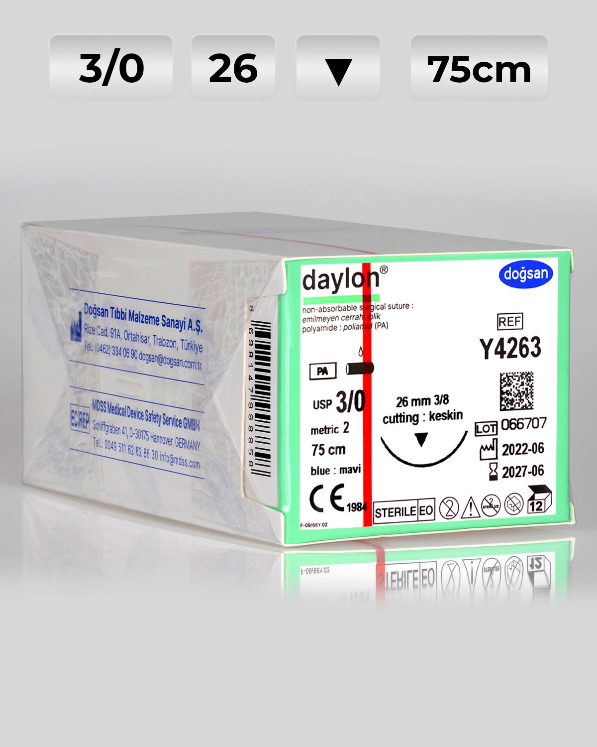 Y4263 DOĞSAN Daylon 3/0 26 3/8 Keskin (▼) 75cm Polyamid Emilemeyen Sütür 12 Ad./Pkt