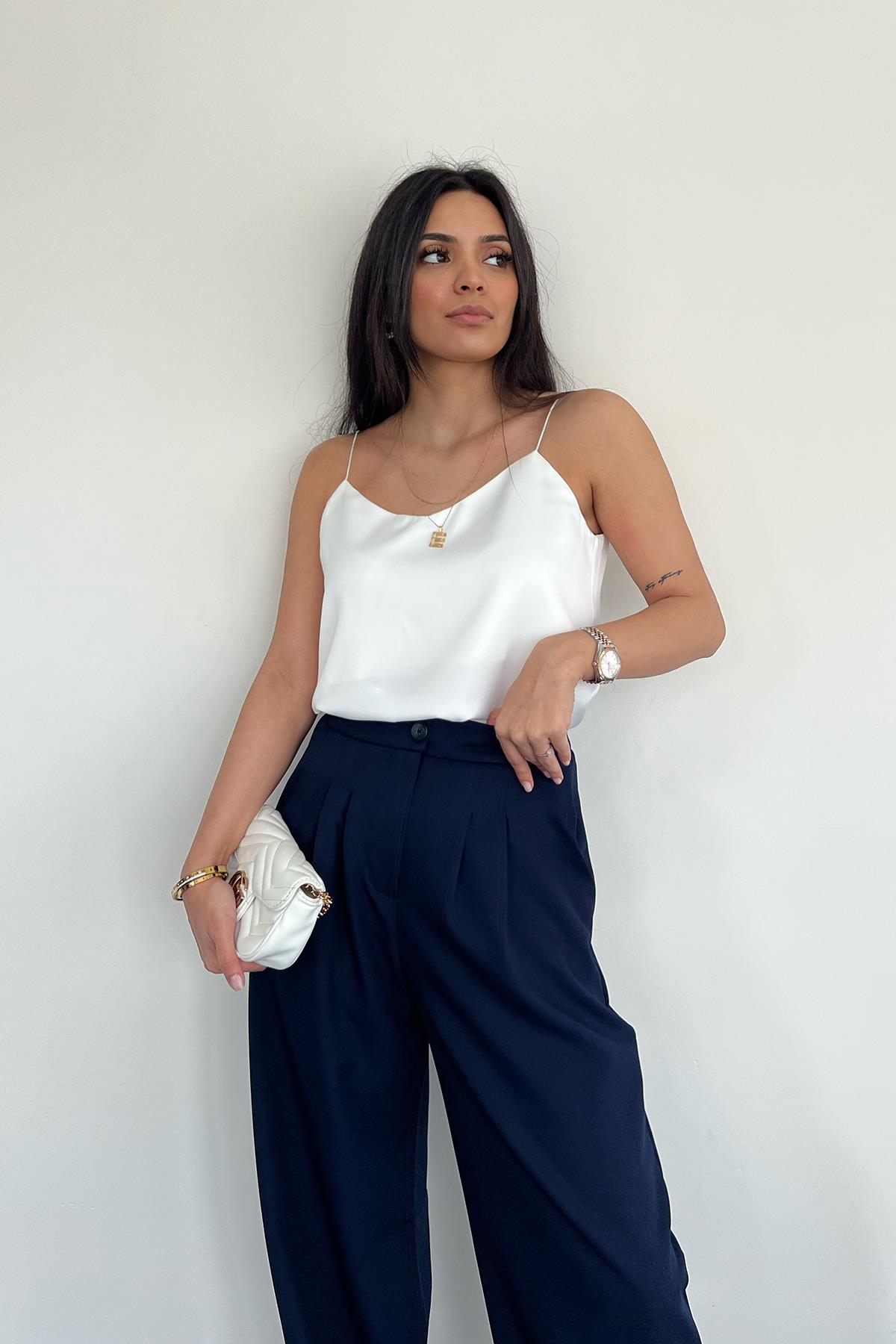 ASKILI SATEN BLUZ BEYAZ