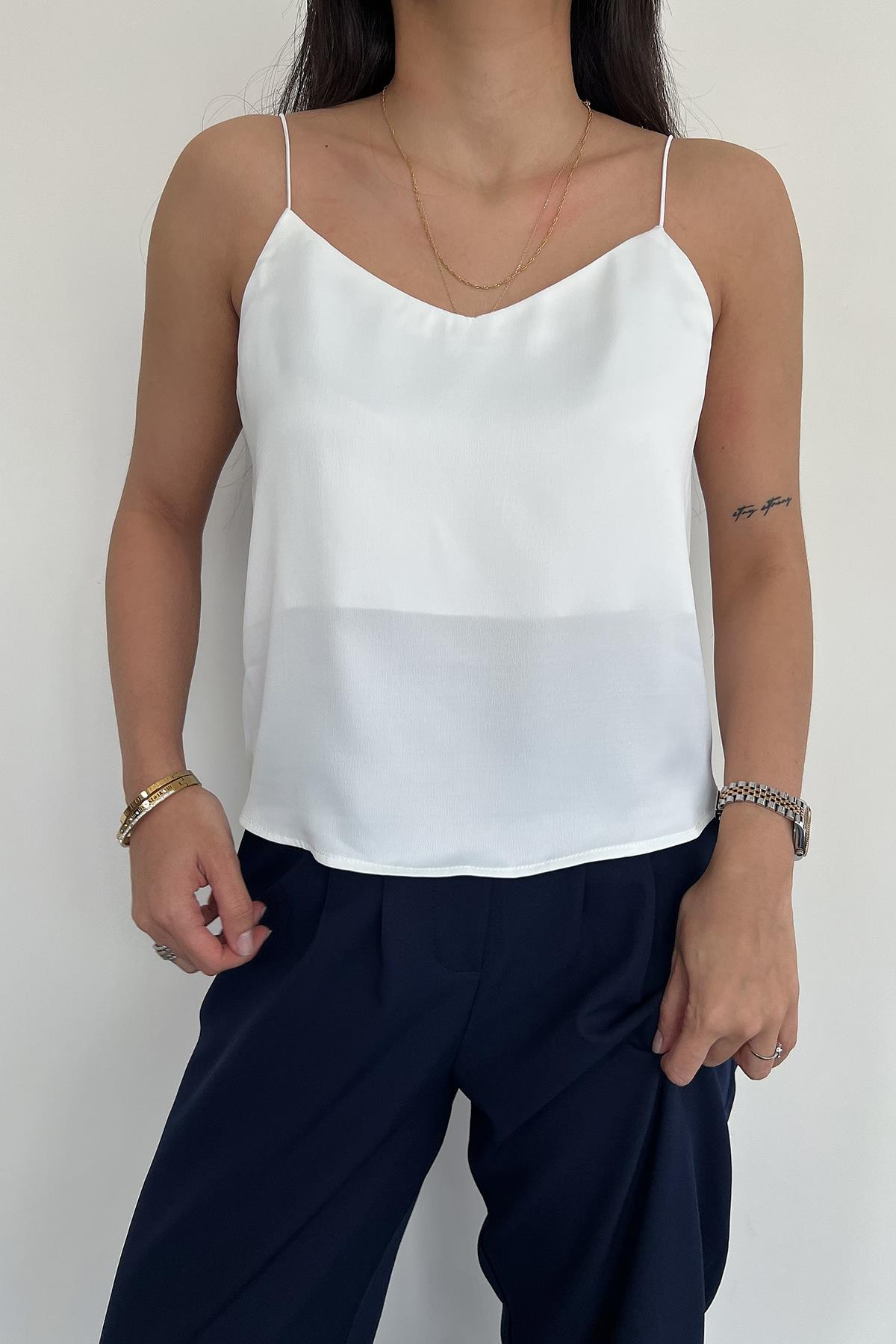 ASKILI SATEN BLUZ BEYAZ