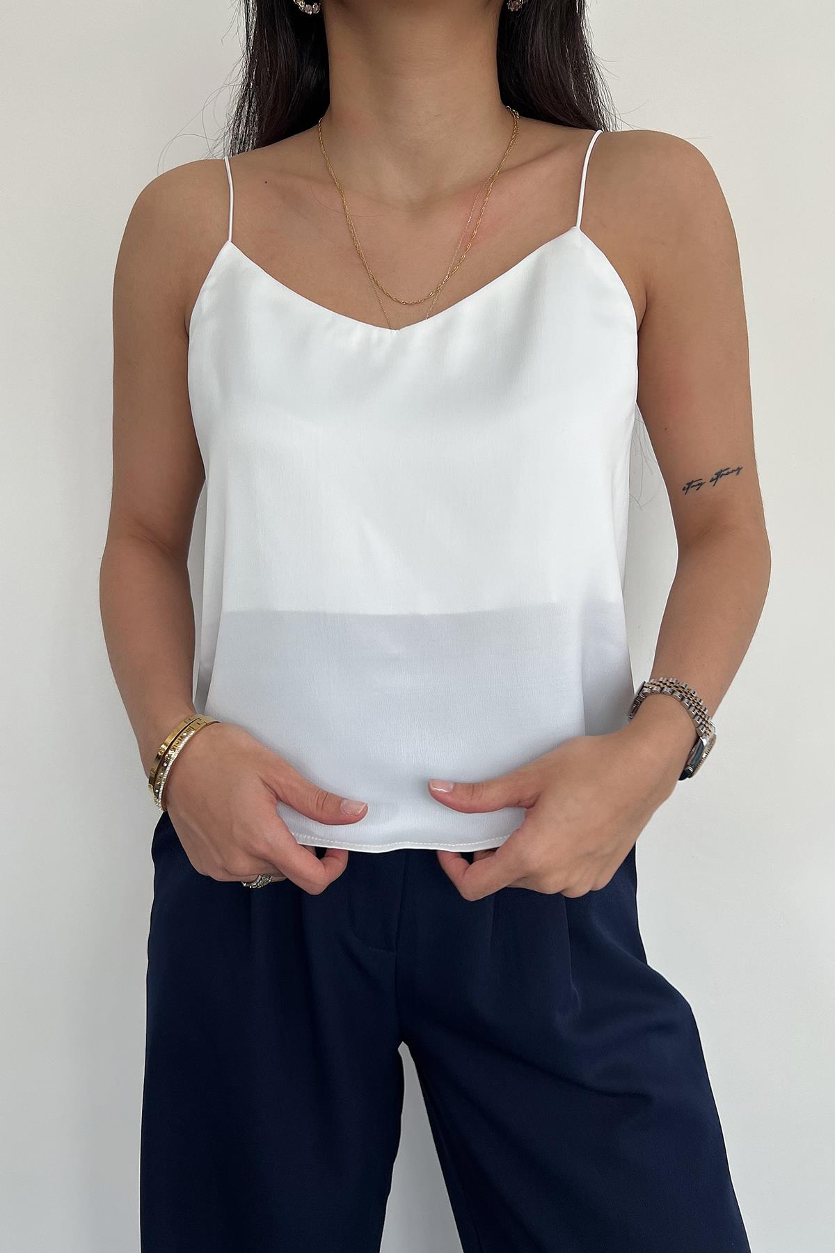 ASKILI SATEN BLUZ BEYAZ