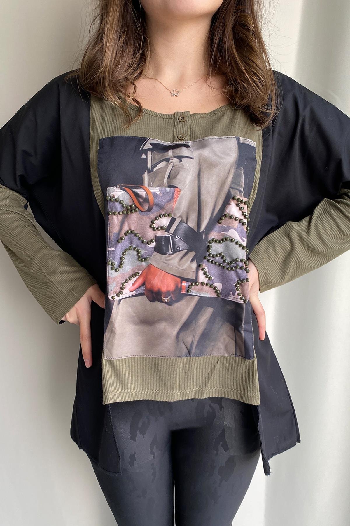 BASKI VE TAŞ DETAYLI BLUZ YEŞİL