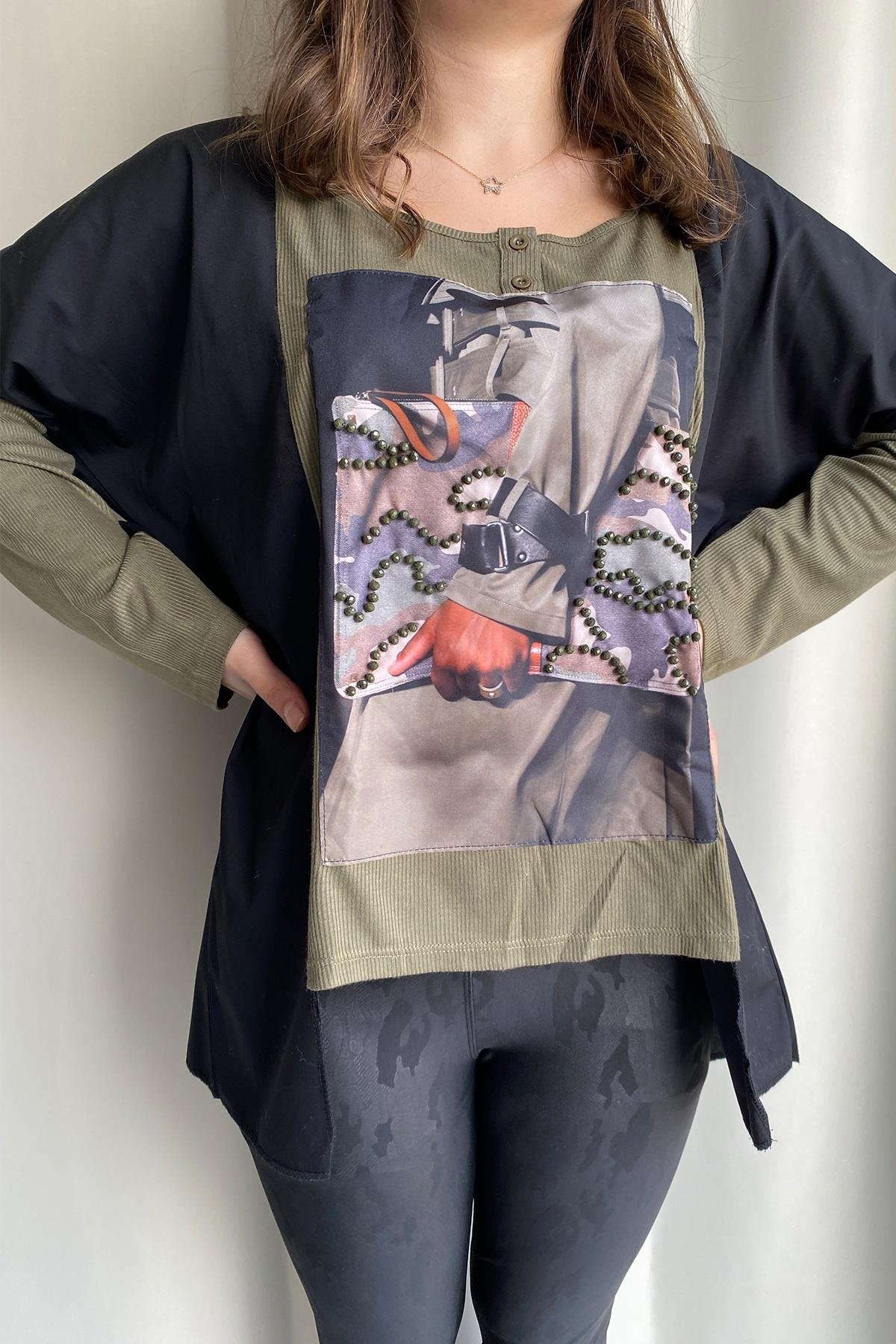 BASKI VE TAŞ DETAYLI BLUZ YEŞİL