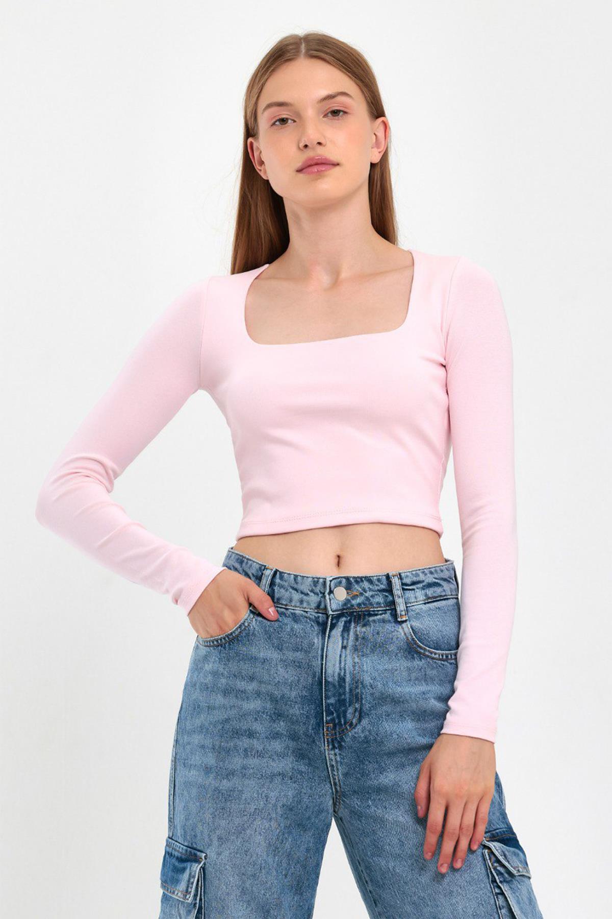 KARE YAKA LİKRALI RİBANA BLUZ PEMBE