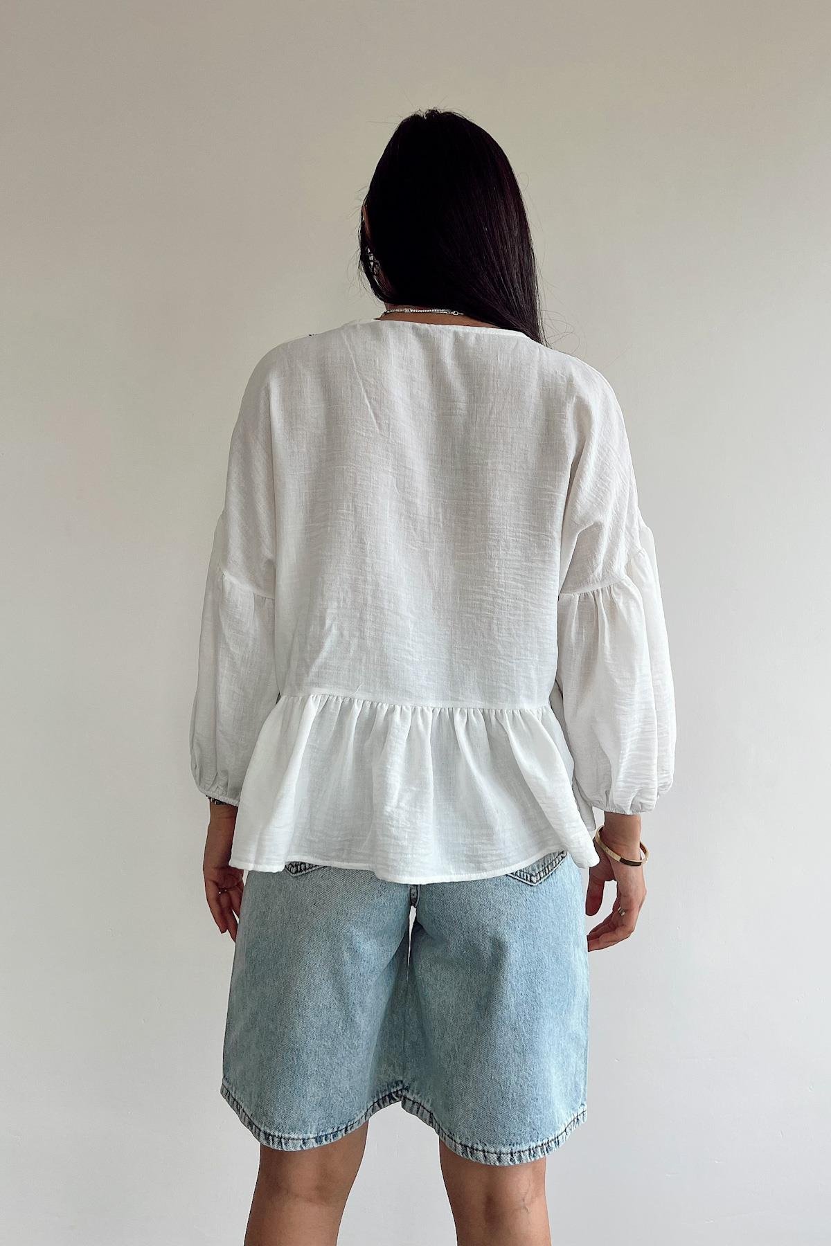 LINEN EMBROIDERED BALLOON SLEEVE BLOUSE