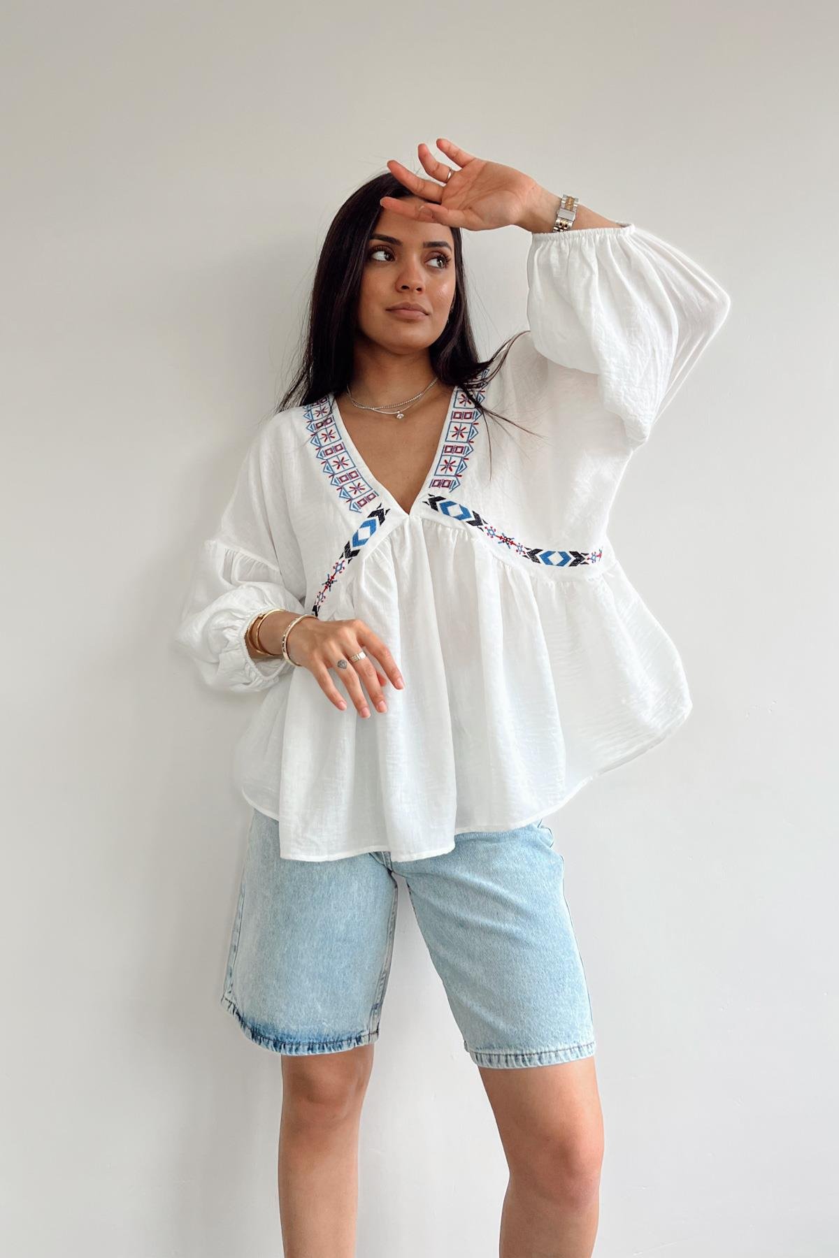 LINEN EMBROIDERED BALLOON SLEEVE BLOUSE