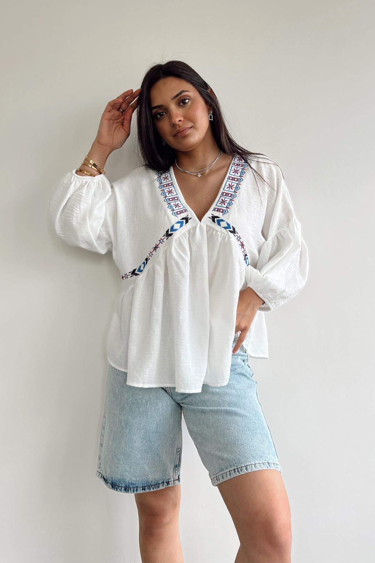 LINEN EMBROIDERED BALLOON SLEEVE BLOUSE