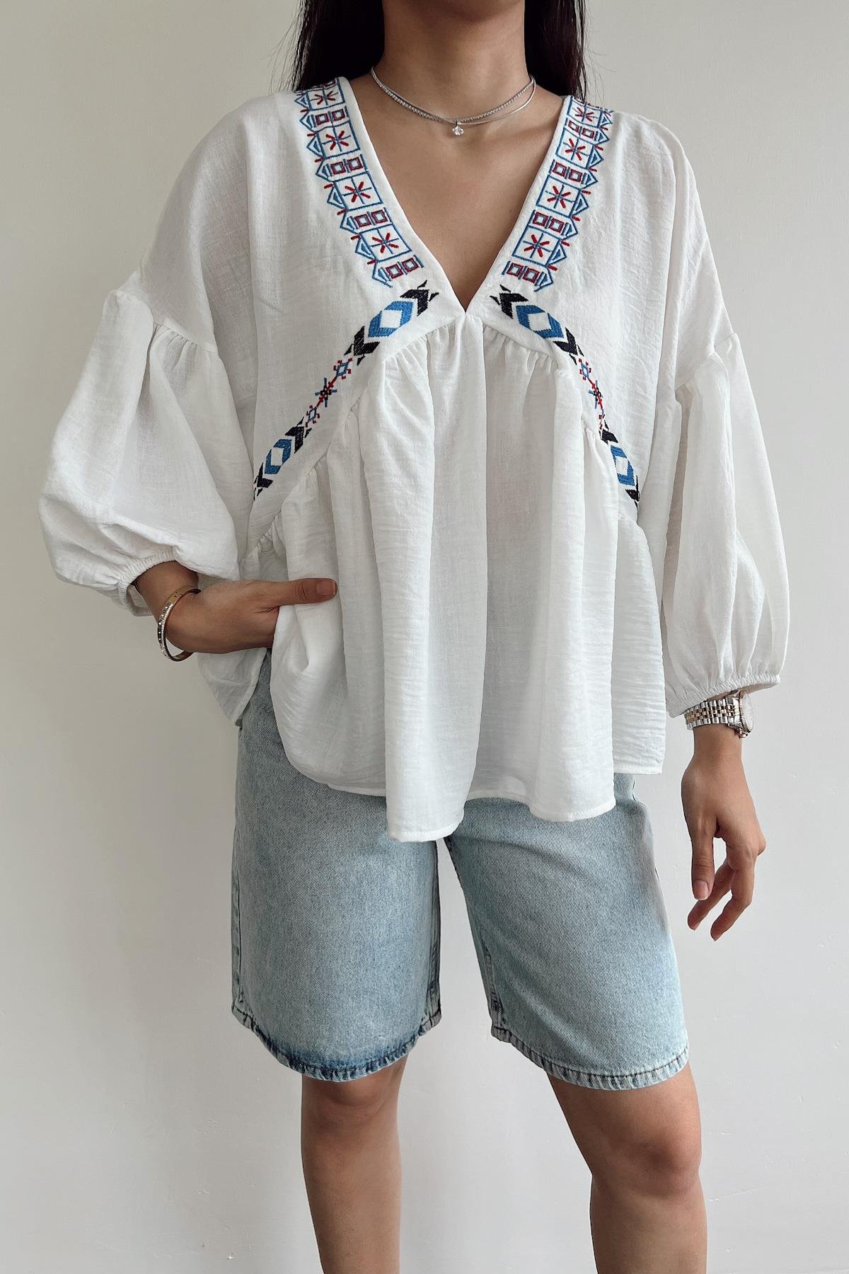 LINEN EMBROIDERED BALLOON SLEEVE BLOUSE
