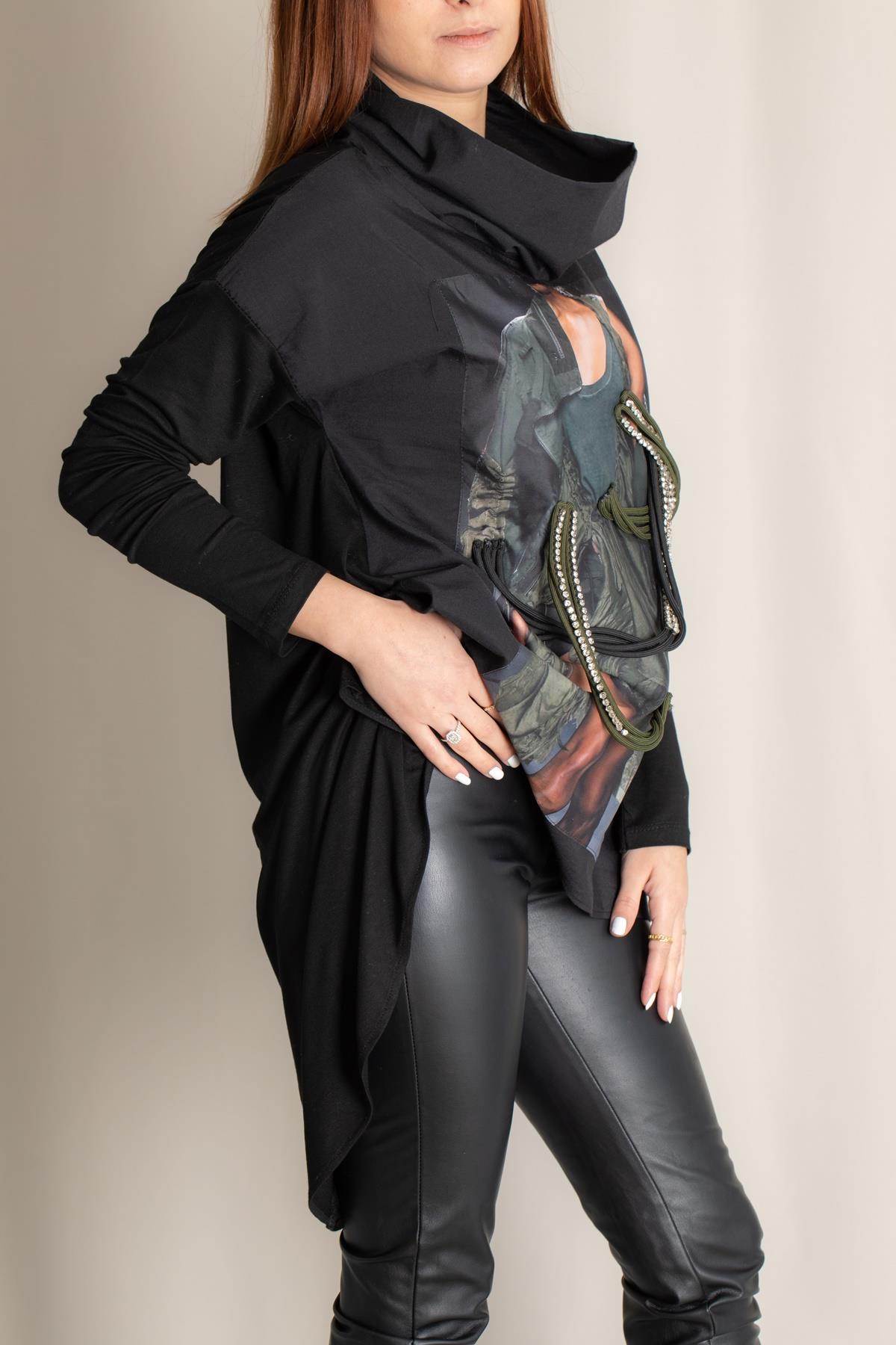 ÖNÜ BASKILI TASARIM BLUZ SİYAH