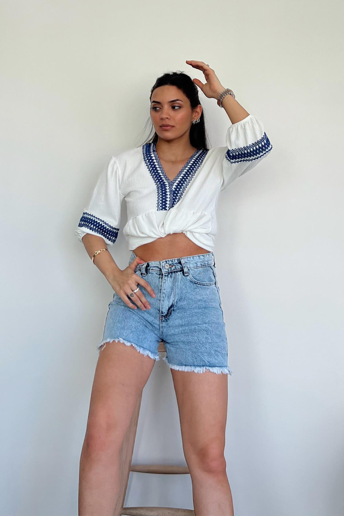 V YAKA YARIM KOL BLUZ