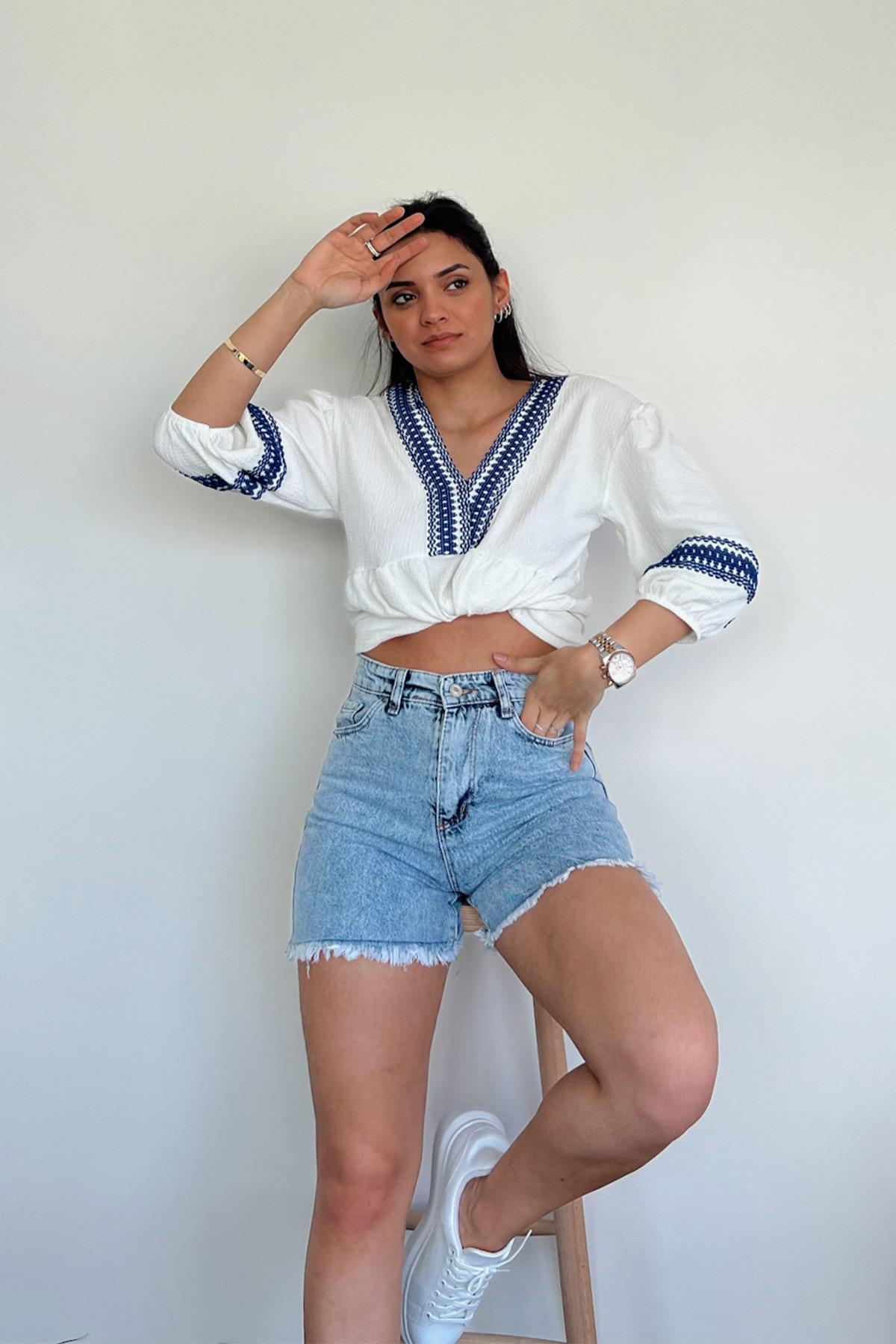 V YAKA YARIM KOL BLUZ