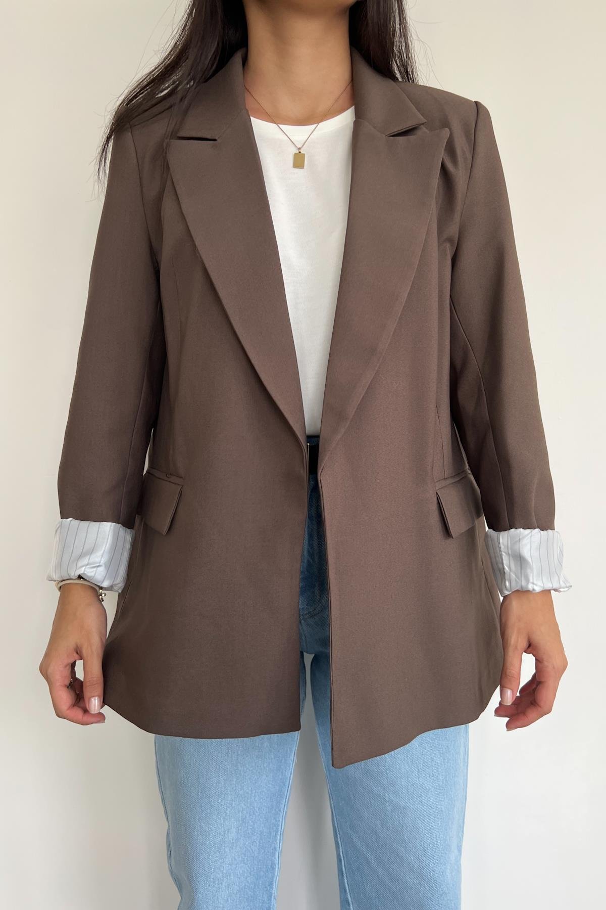 ASTARI ÇİZGİLİ CEKET KAHVE