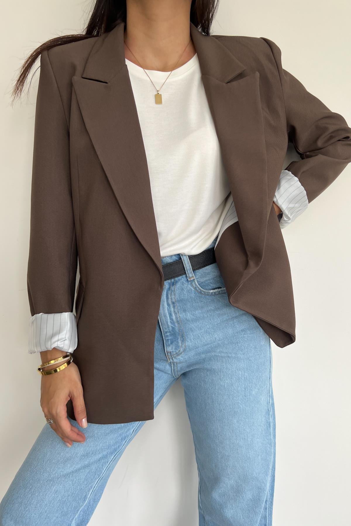 ASTARI ÇİZGİLİ CEKET KAHVE