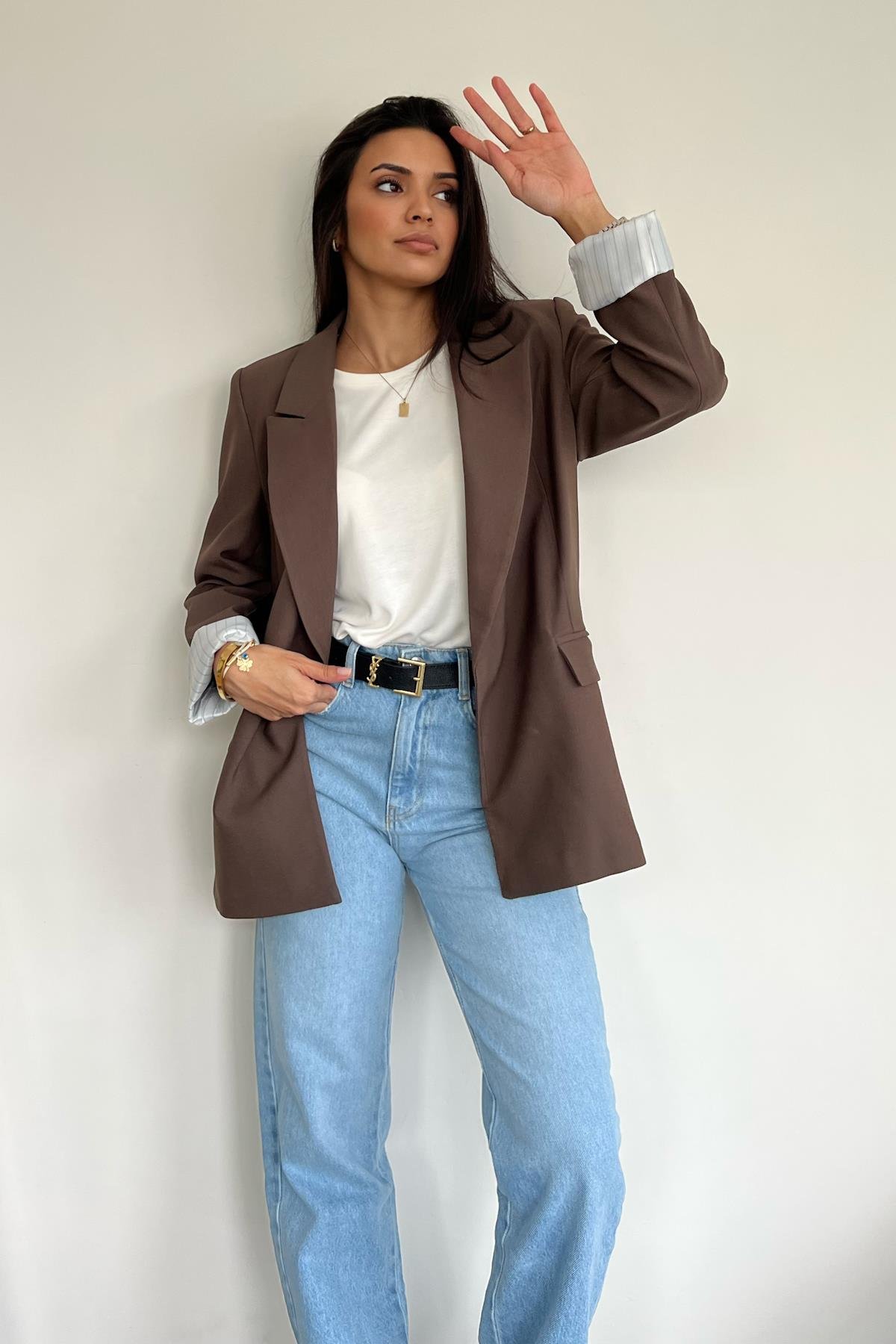 ASTARI ÇİZGİLİ CEKET KAHVE