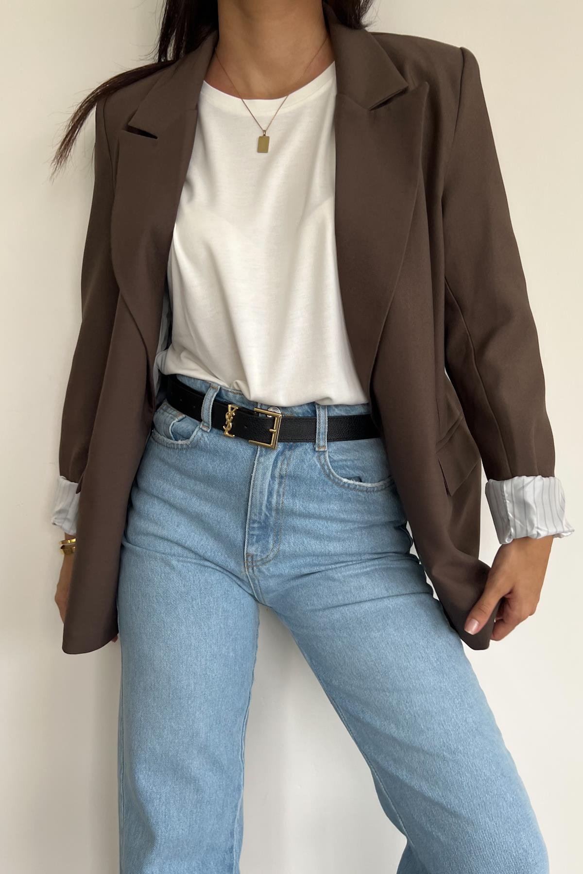 ASTARI ÇİZGİLİ CEKET KAHVE