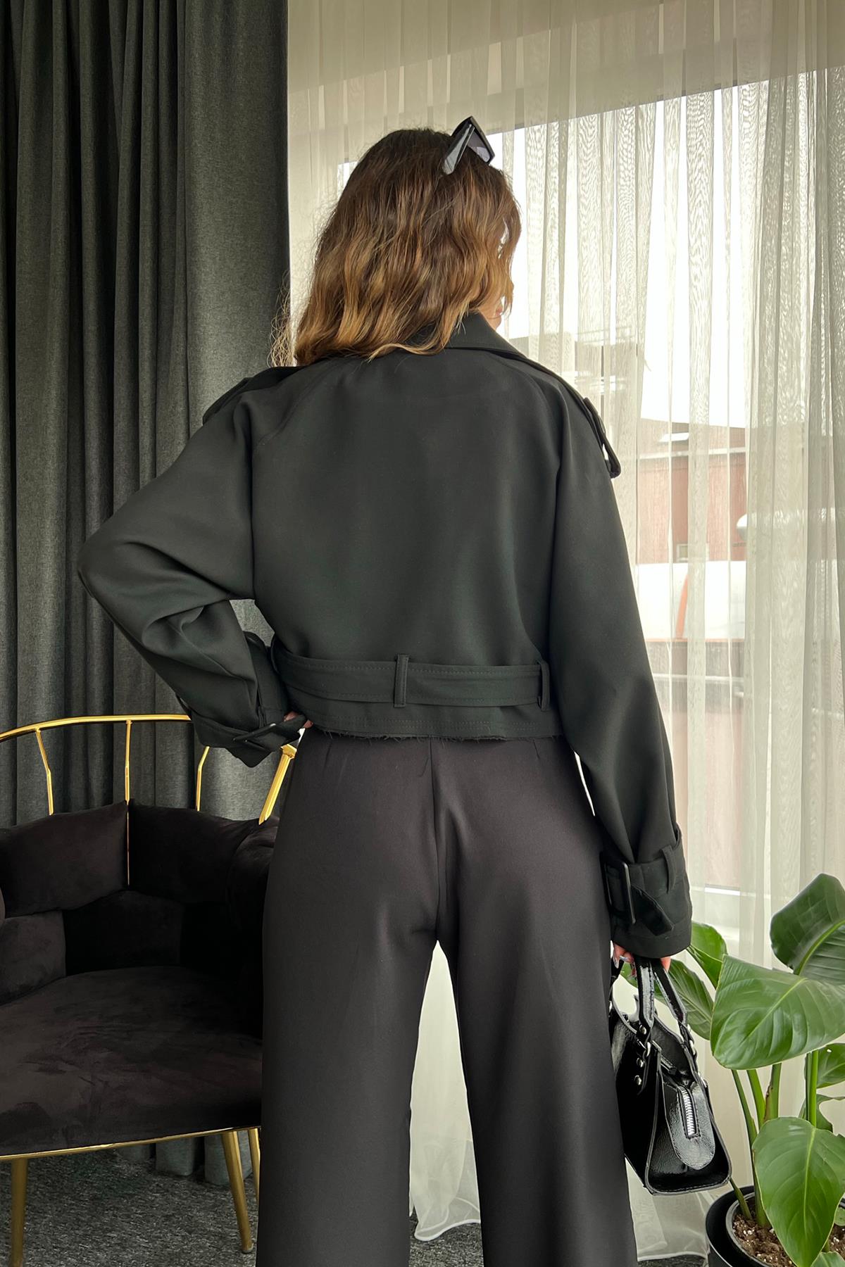 CROP TRENCKOT SİYAH