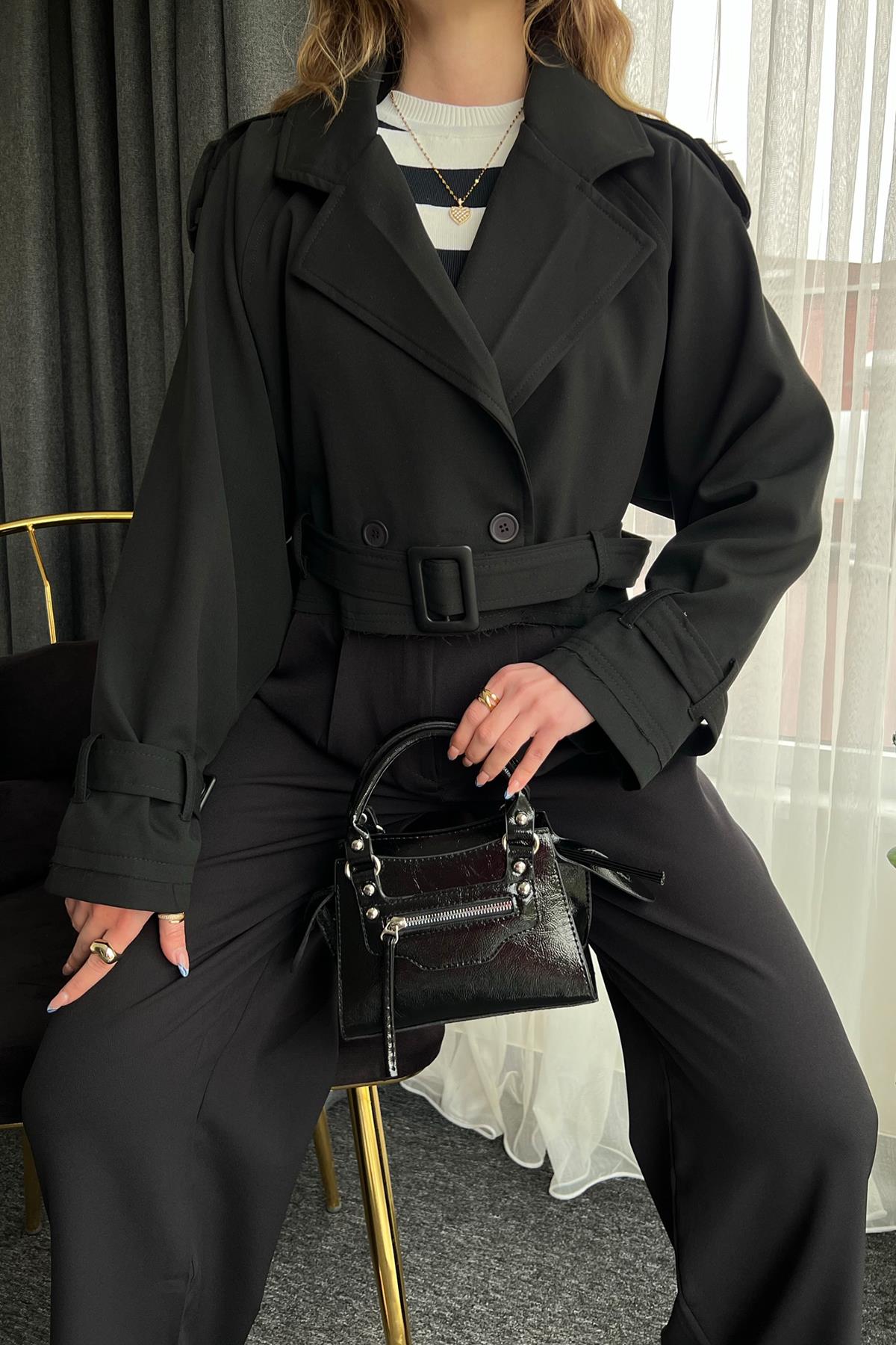 CROP TRENCKOT SİYAH