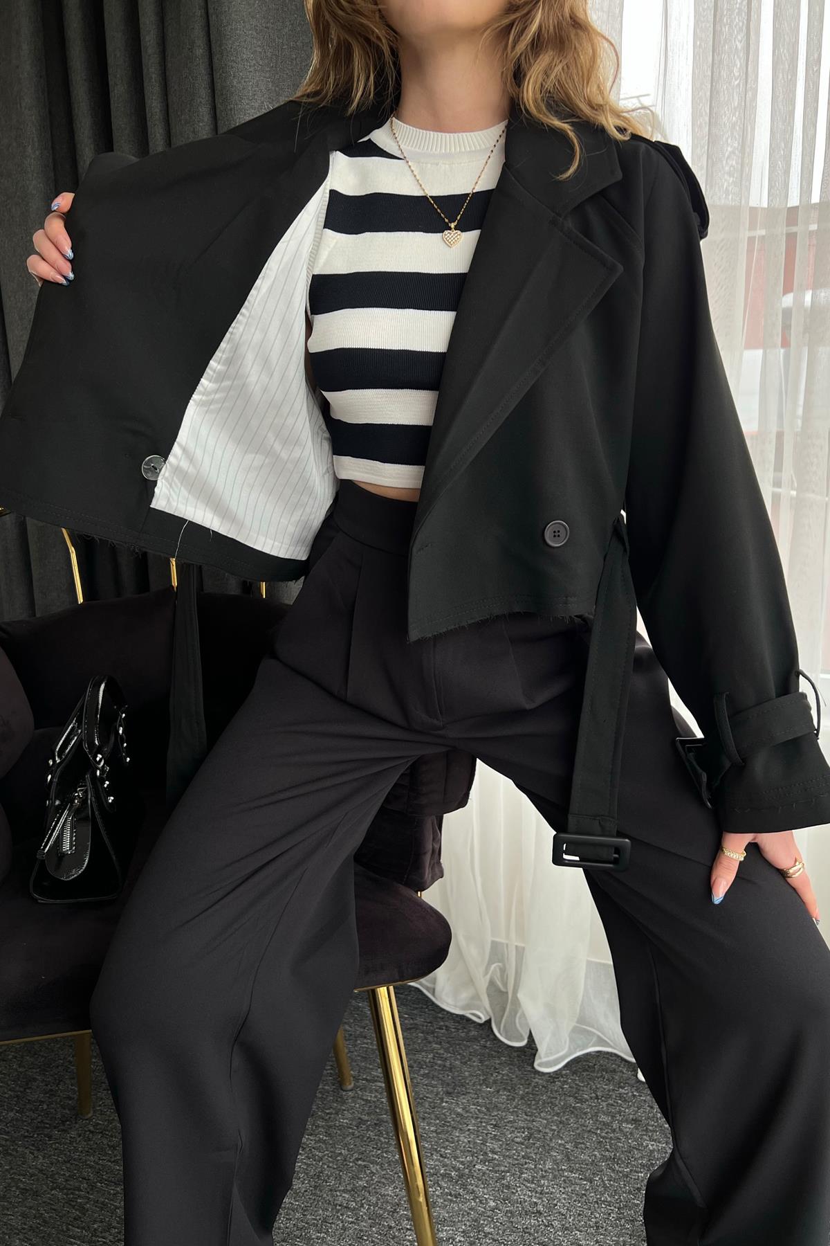 CROP TRENCKOT SİYAH