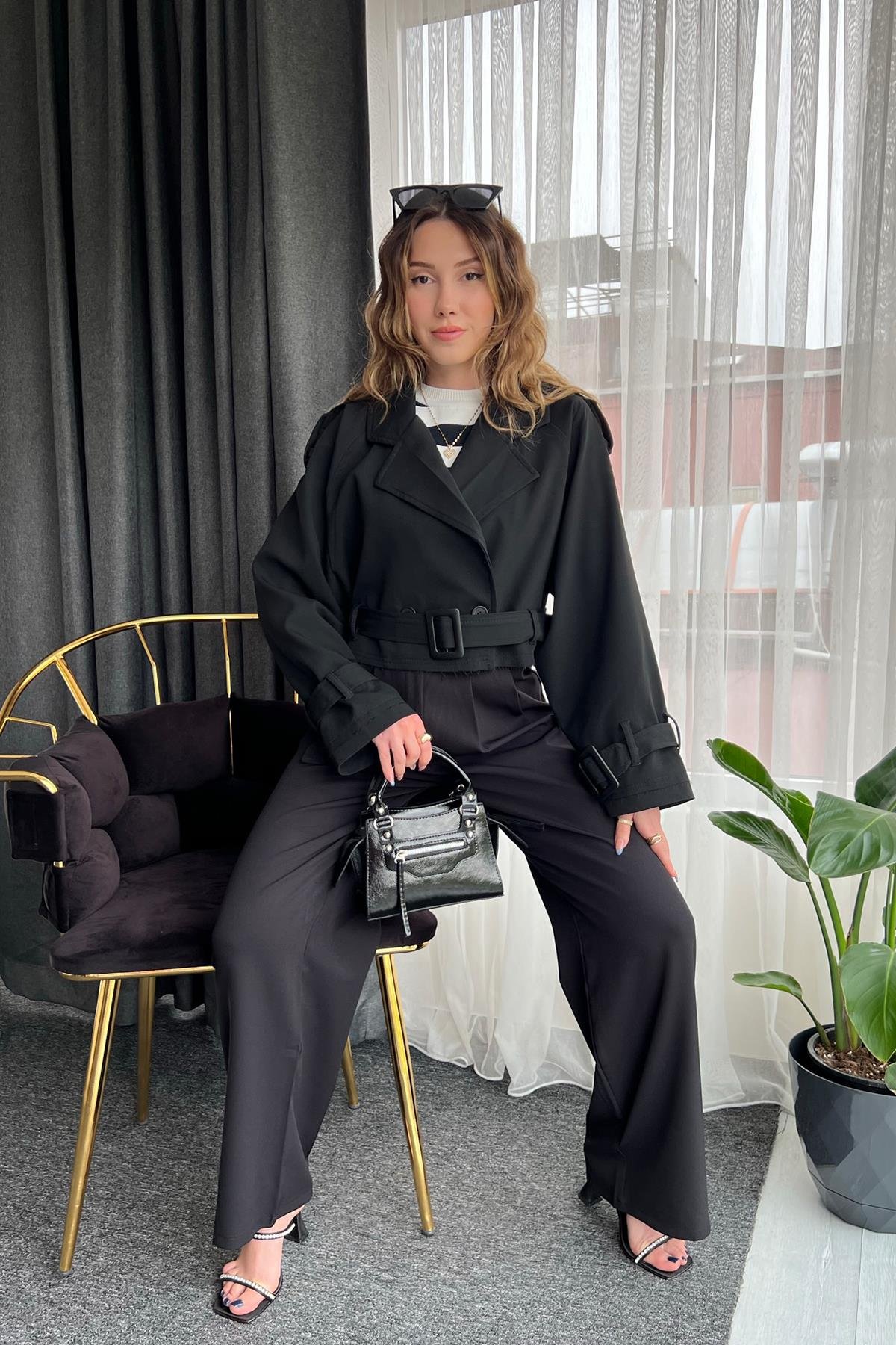 CROP TRENCKOT SİYAH