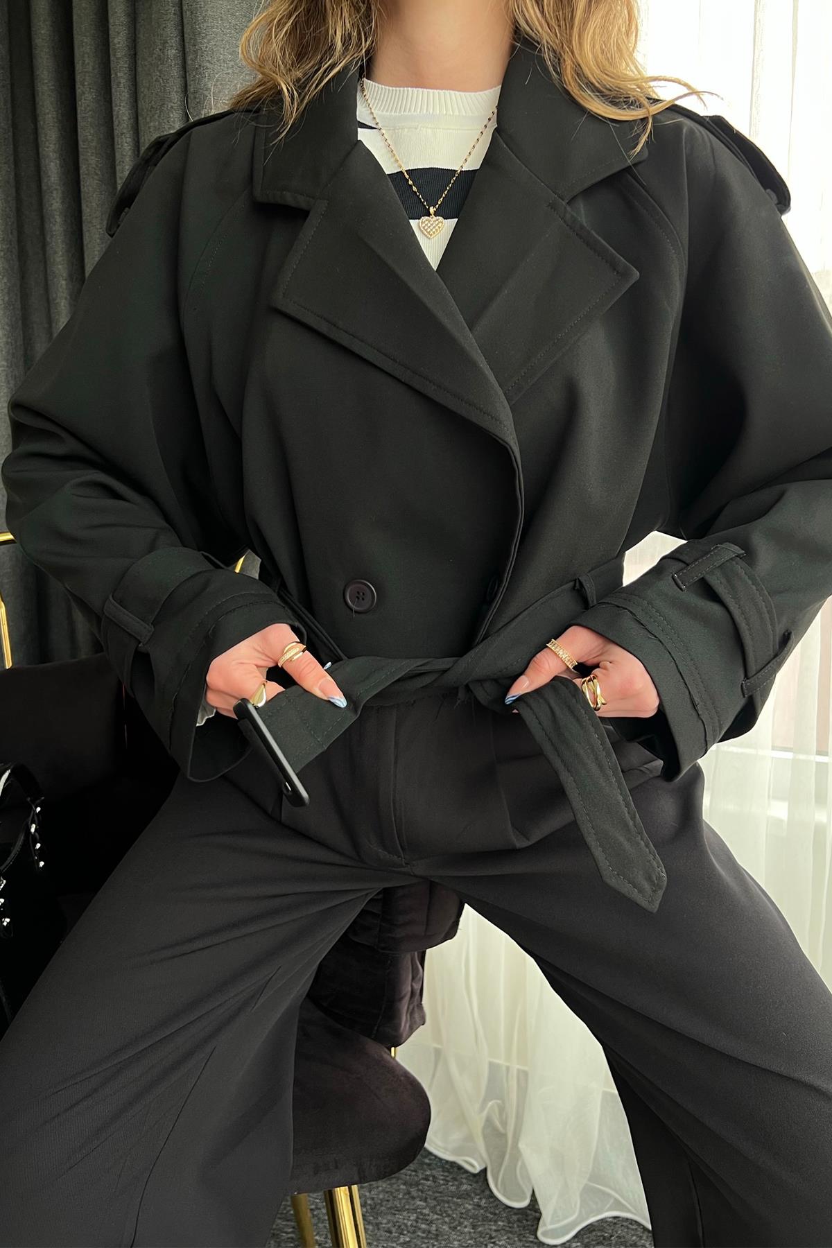 CROP TRENCKOT SİYAH