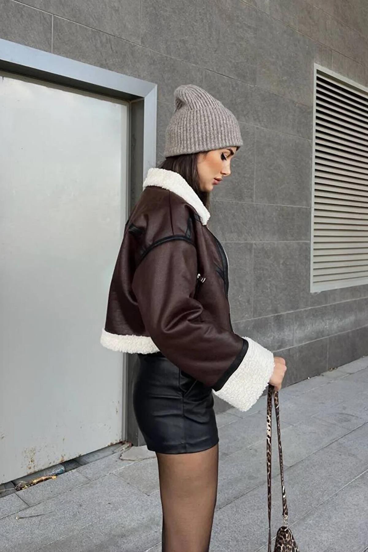 TEDY BİYELİ DERİ CROP CEKET KAHVE