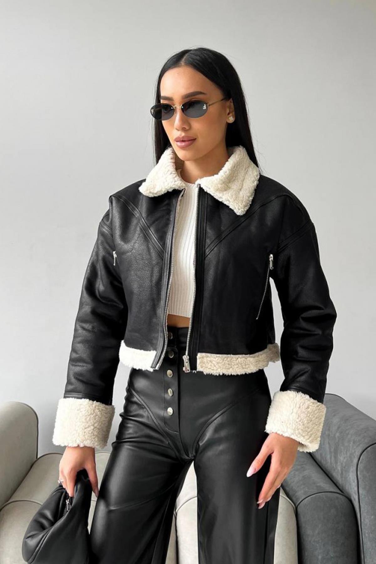 سترة جلدية قصيرة بحزام تيدي