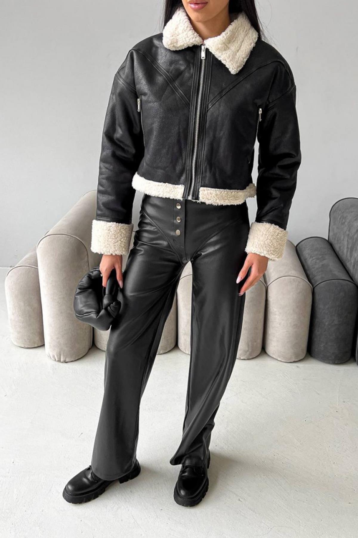 سترة جلدية قصيرة بحزام تيدي