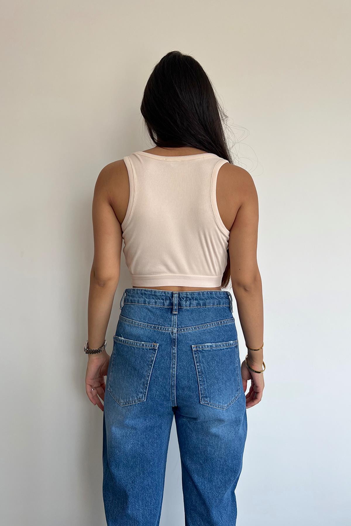 FITILLI HALTER YAKA CROP BLUZ BEJ