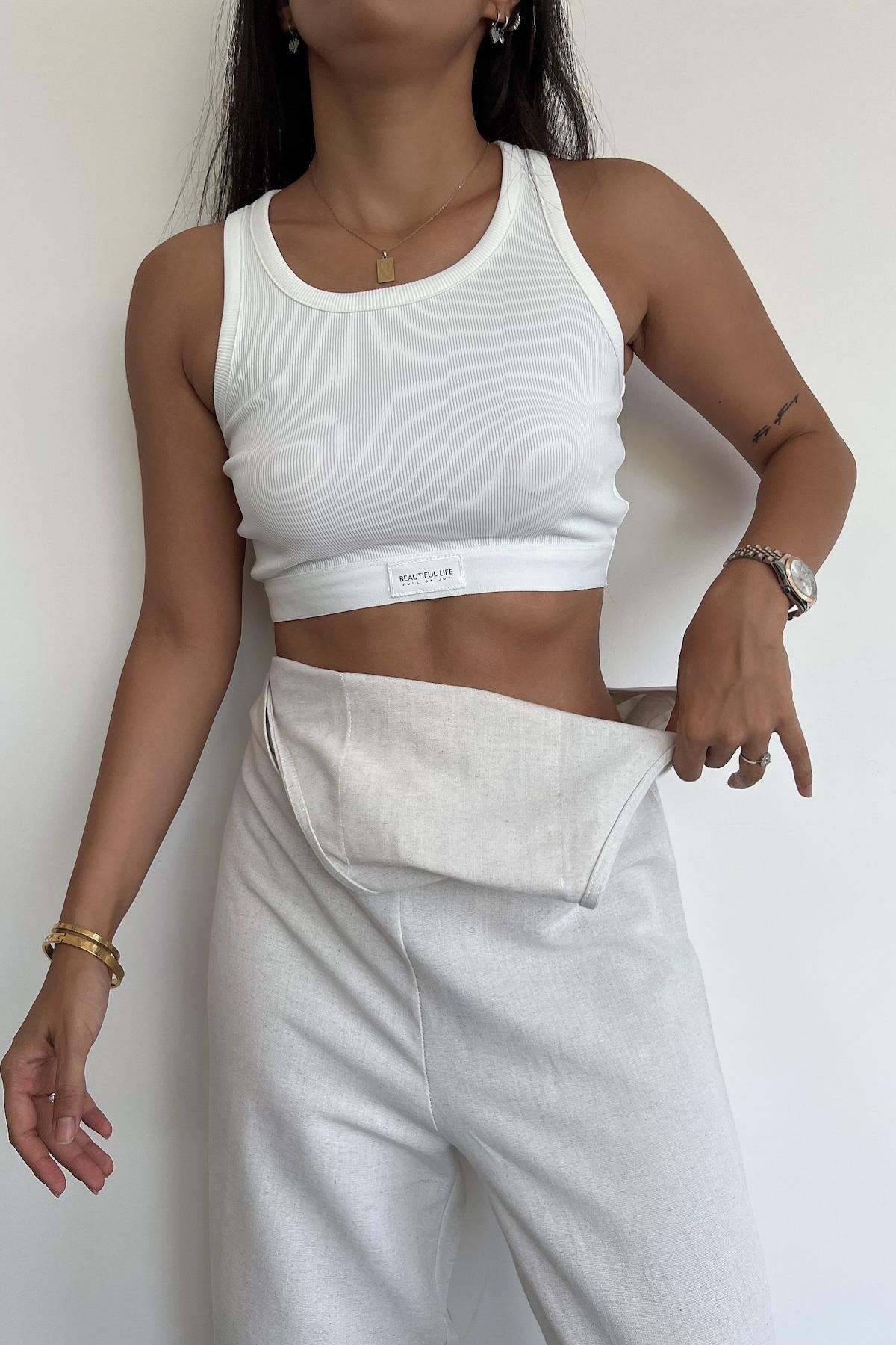 FITILLI HALTER YAKA CROP BLUZ EKRU