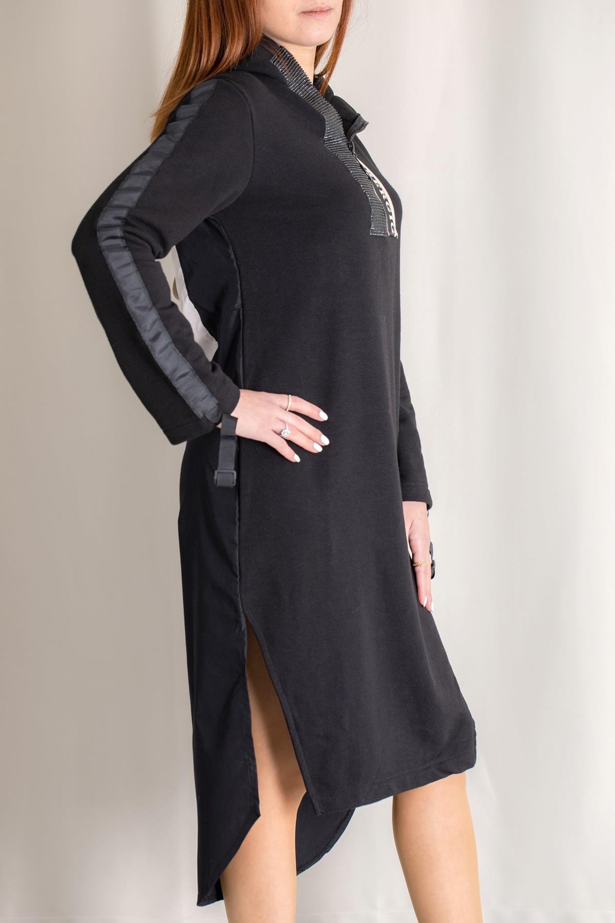 ARKASI BASKILI ELBİSE SİYAH