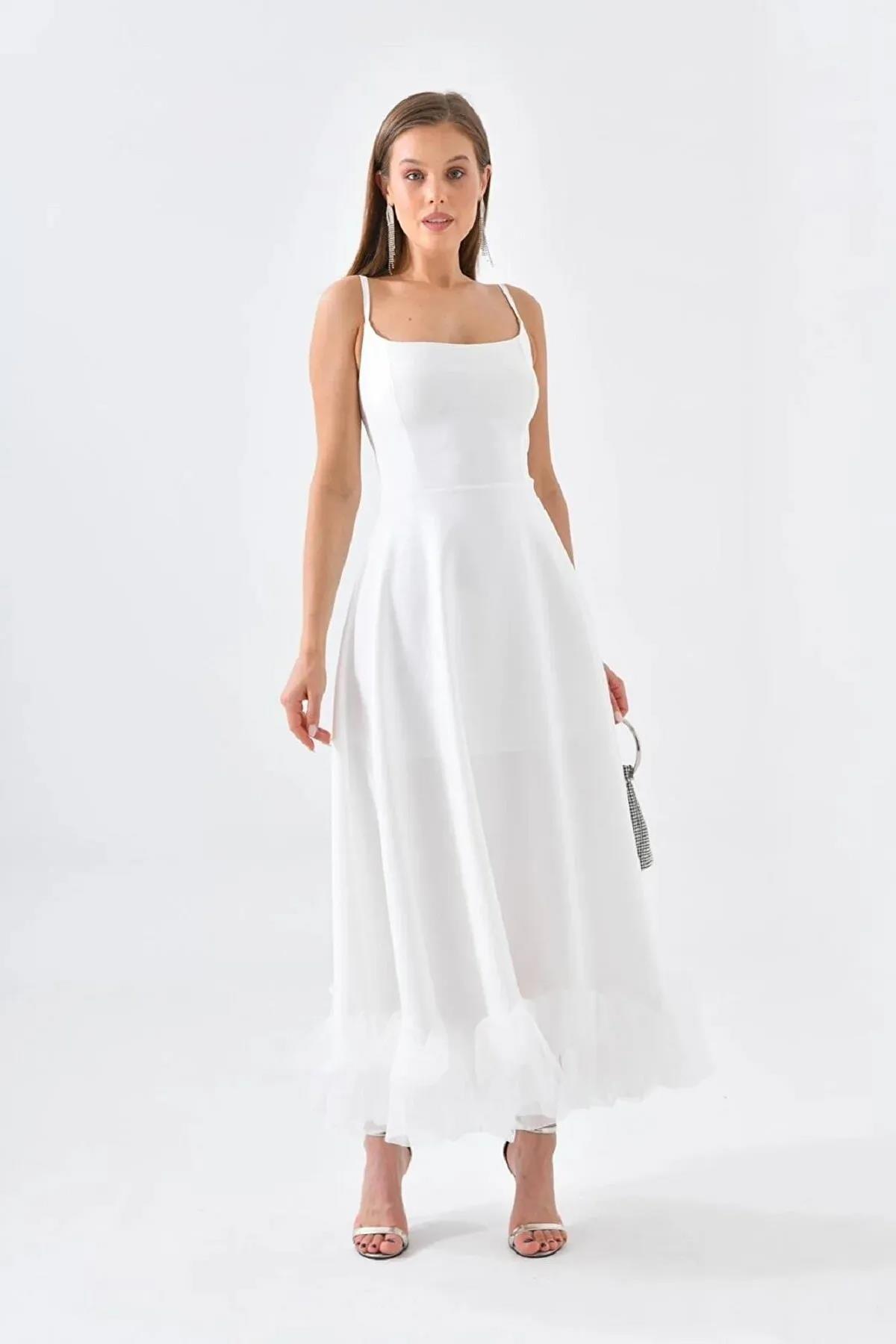 Atlas Kumaş İnce Askılı Etekucu Tül Detay Midi Boy Kloş Kesim Pembe Mezuniyet Elbisesi 9326 BEYAZ