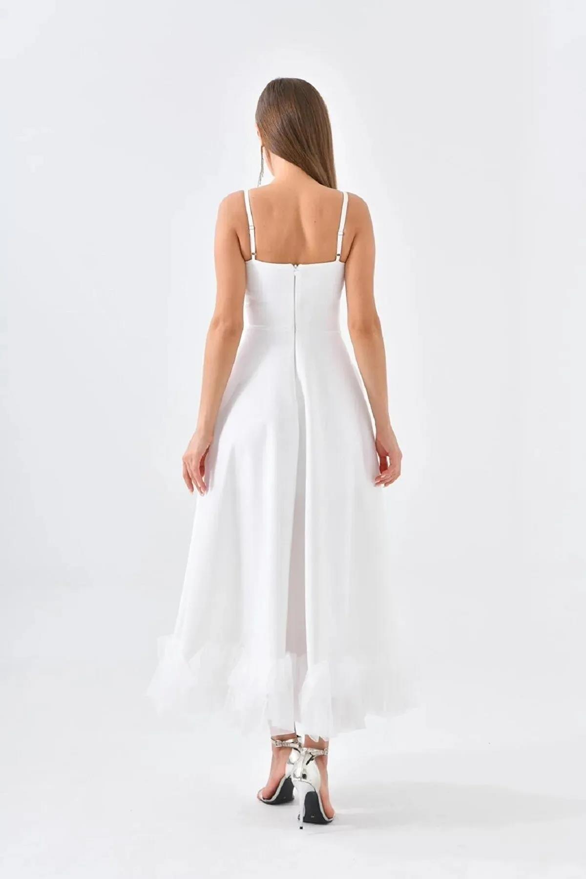 Atlas Kumaş İnce Askılı Etekucu Tül Detay Midi Boy Kloş Kesim Pembe Mezuniyet Elbisesi 9326 BEYAZ