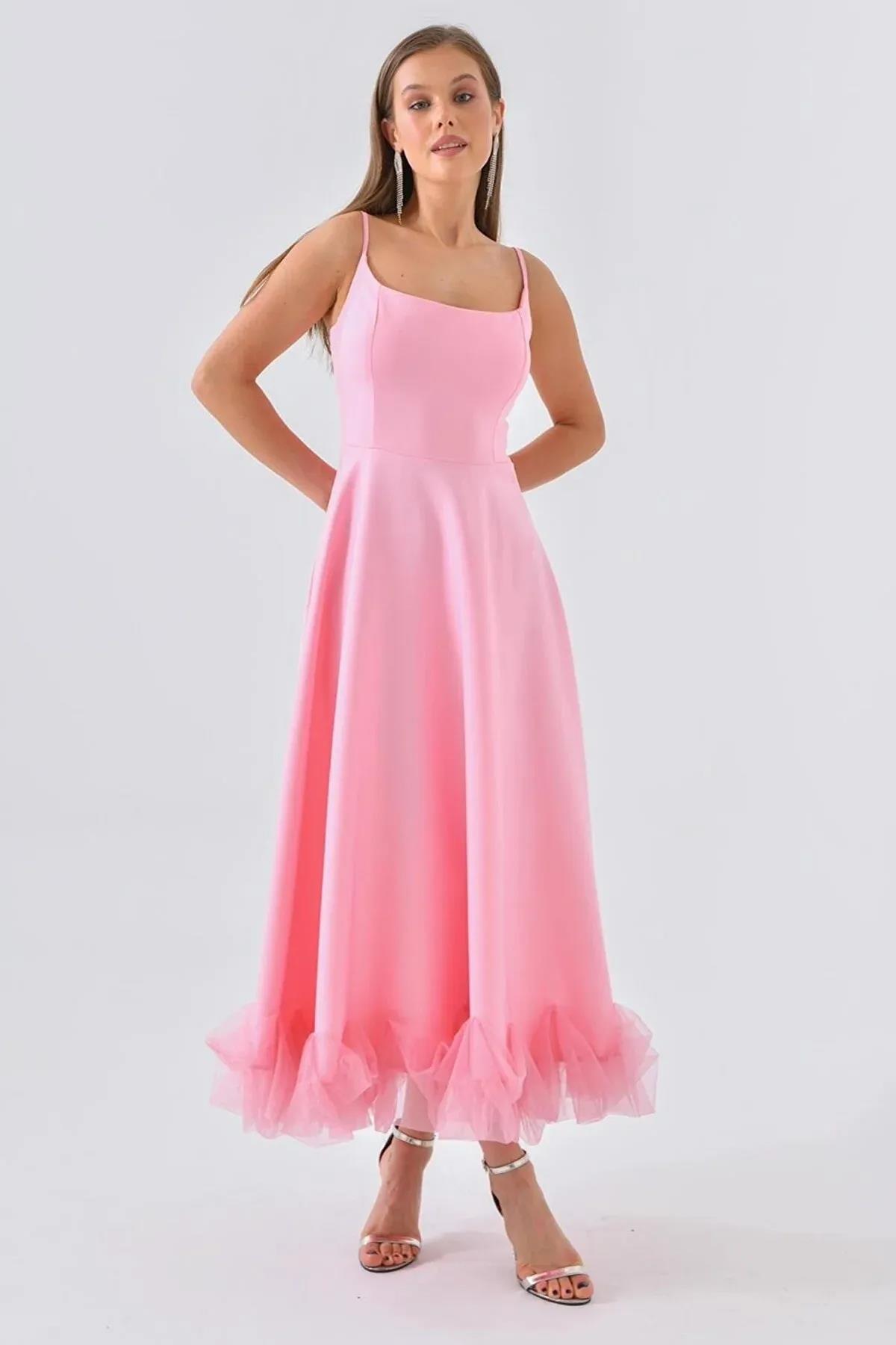 Atlas Kumaş İnce Askılı Etekucu Tül Detay Midi Boy Kloş Kesim Pembe Mezuniyet Elbisesi 9326 PEMBE
