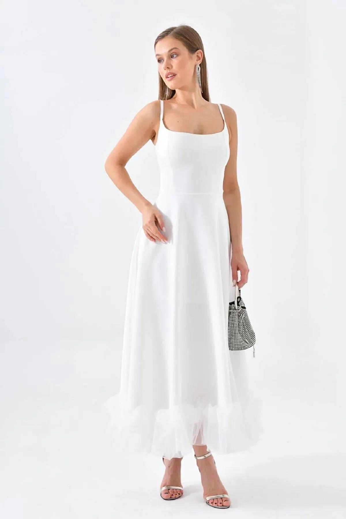 Atlas Kumaş İnce Askılı Etekucu Tül Detay Midi Boy Kloş Kesim Pembe Mezuniyet Elbisesi 9326 BEYAZ