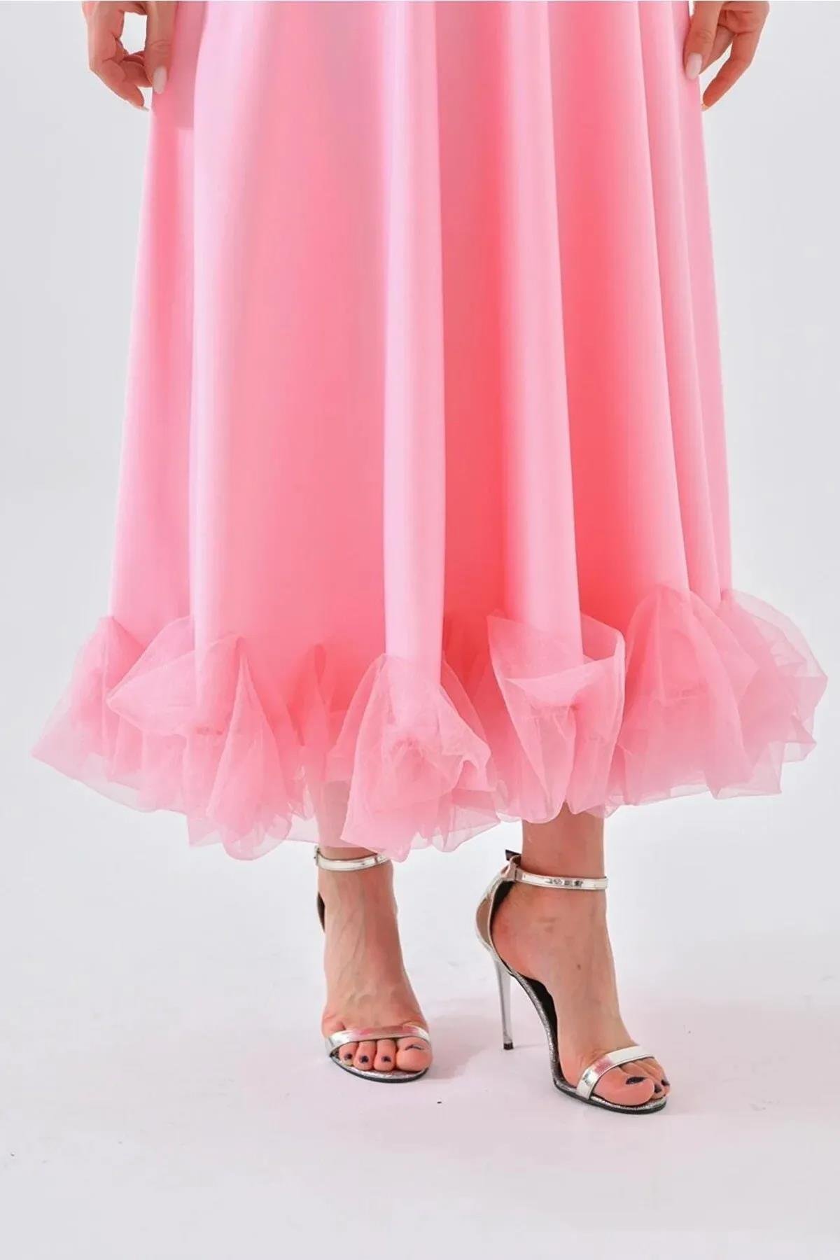 Atlas Kumaş İnce Askılı Etekucu Tül Detay Midi Boy Kloş Kesim Pembe Mezuniyet Elbisesi 9326 PEMBE