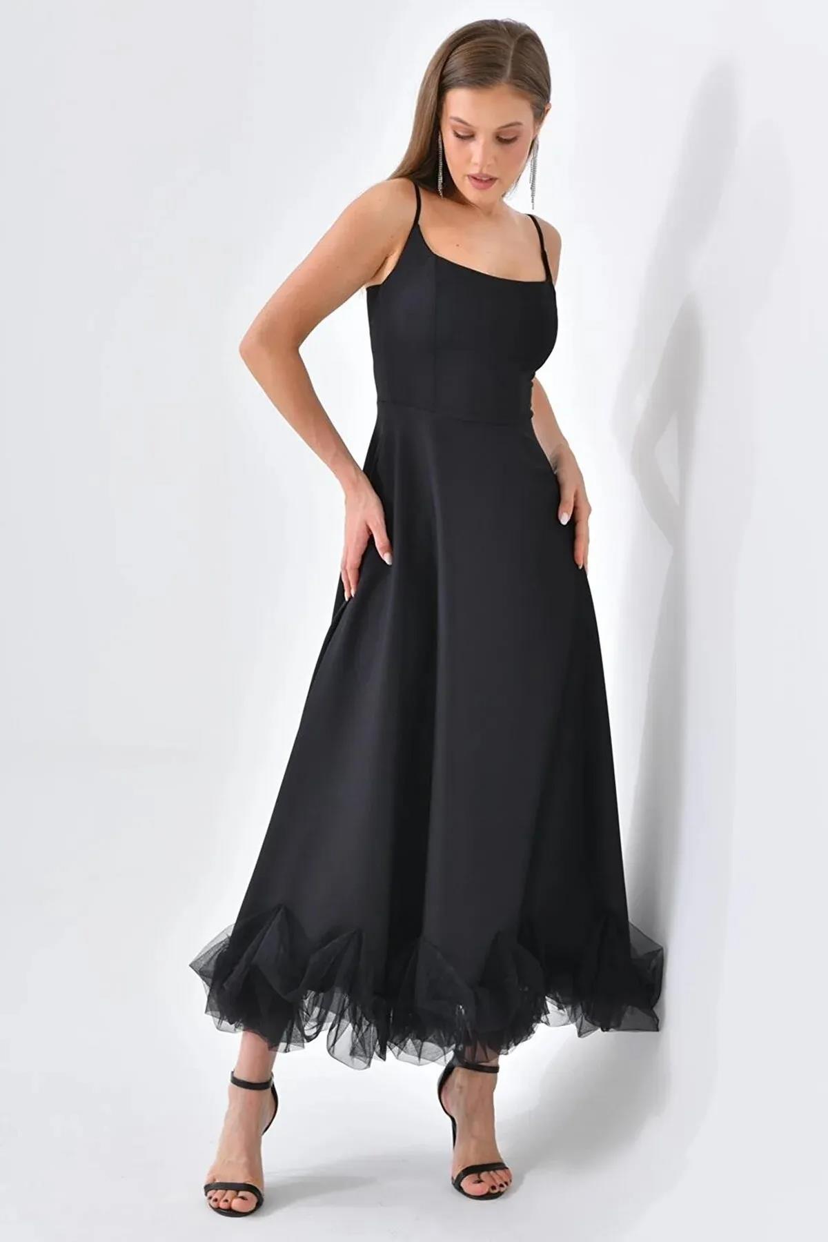 Atlas Kumaş İnce Askılı Etekucu Tül Detay Midi Boy Kloş Kesim Pembe Mezuniyet Elbisesi 9326 SİYAH