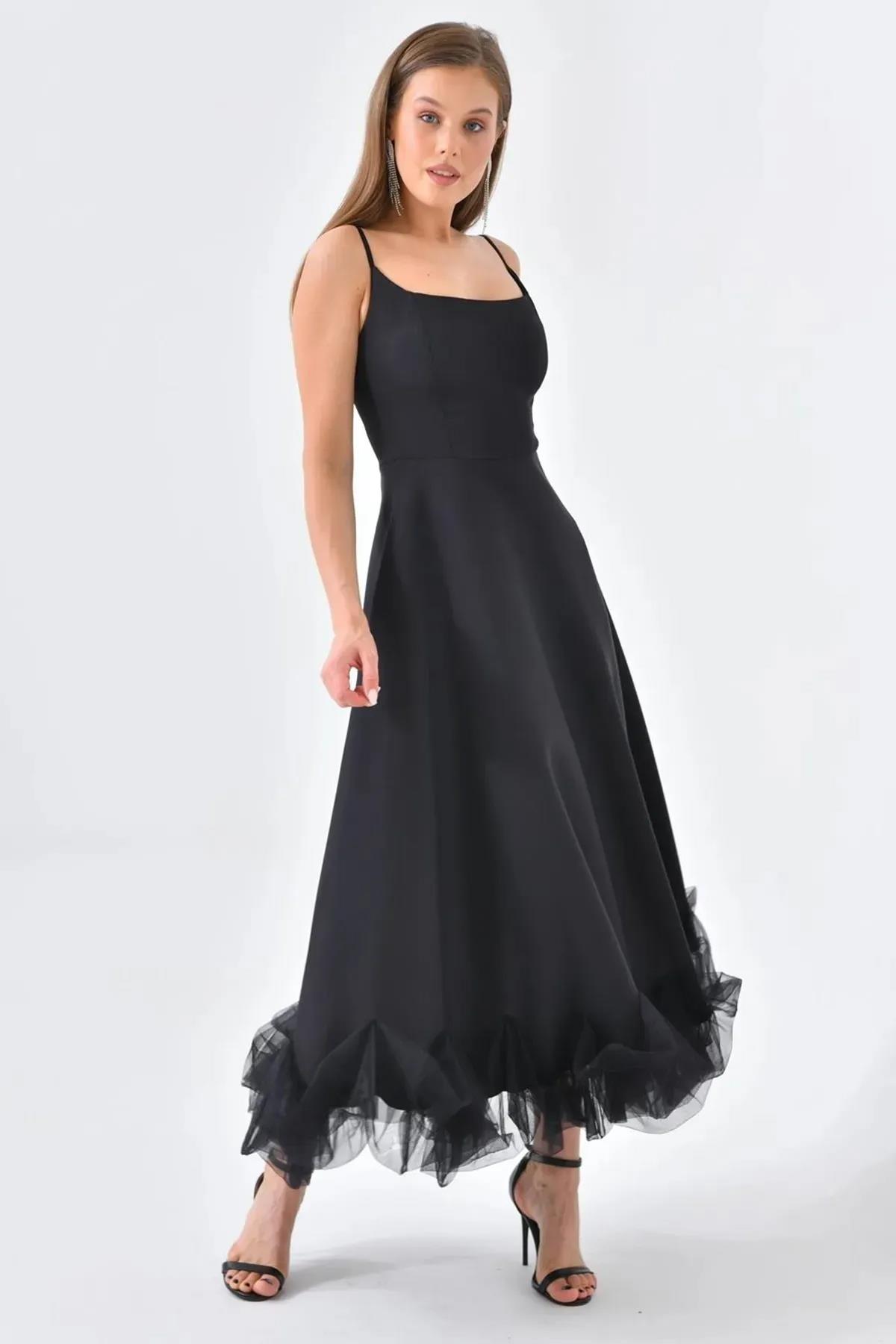 Atlas Kumaş İnce Askılı Etekucu Tül Detay Midi Boy Kloş Kesim Pembe Mezuniyet Elbisesi 9326 SİYAH