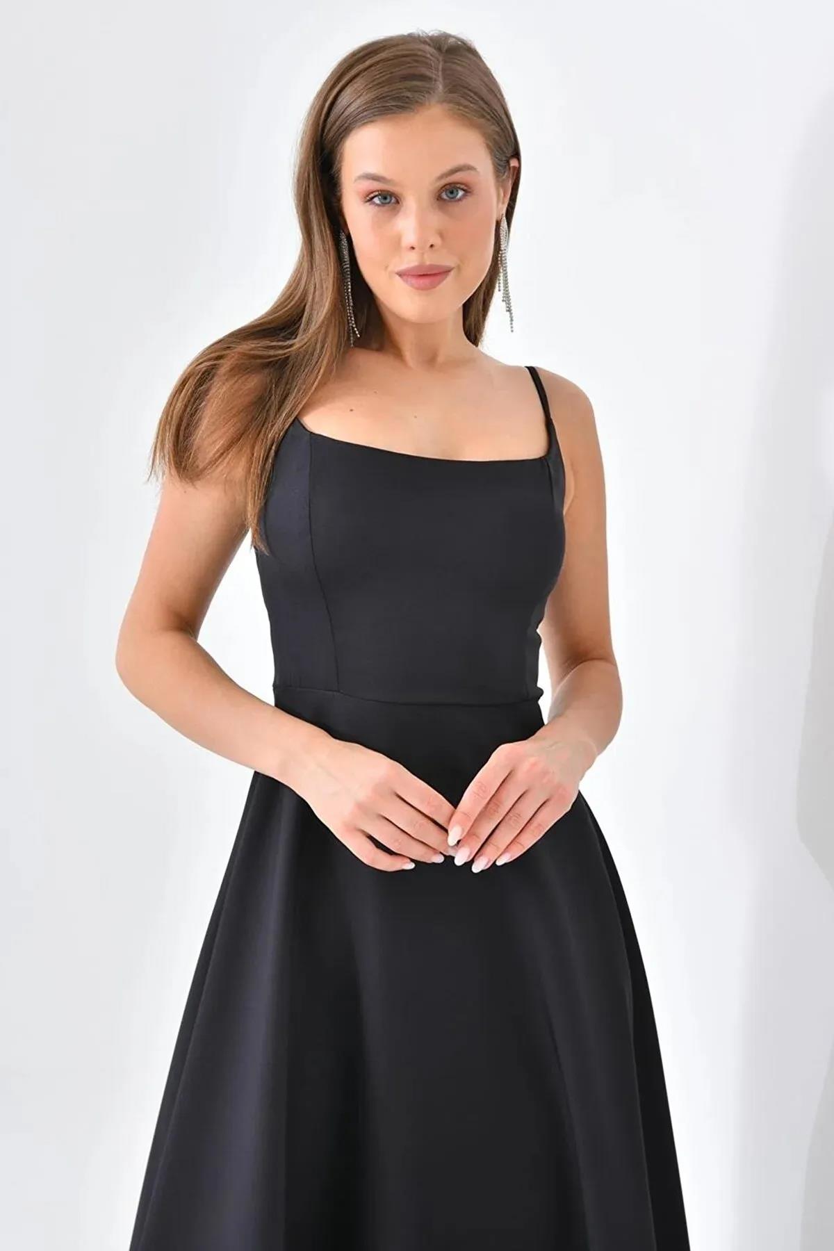 Atlas Kumaş İnce Askılı Etekucu Tül Detay Midi Boy Kloş Kesim Pembe Mezuniyet Elbisesi 9326 SİYAH