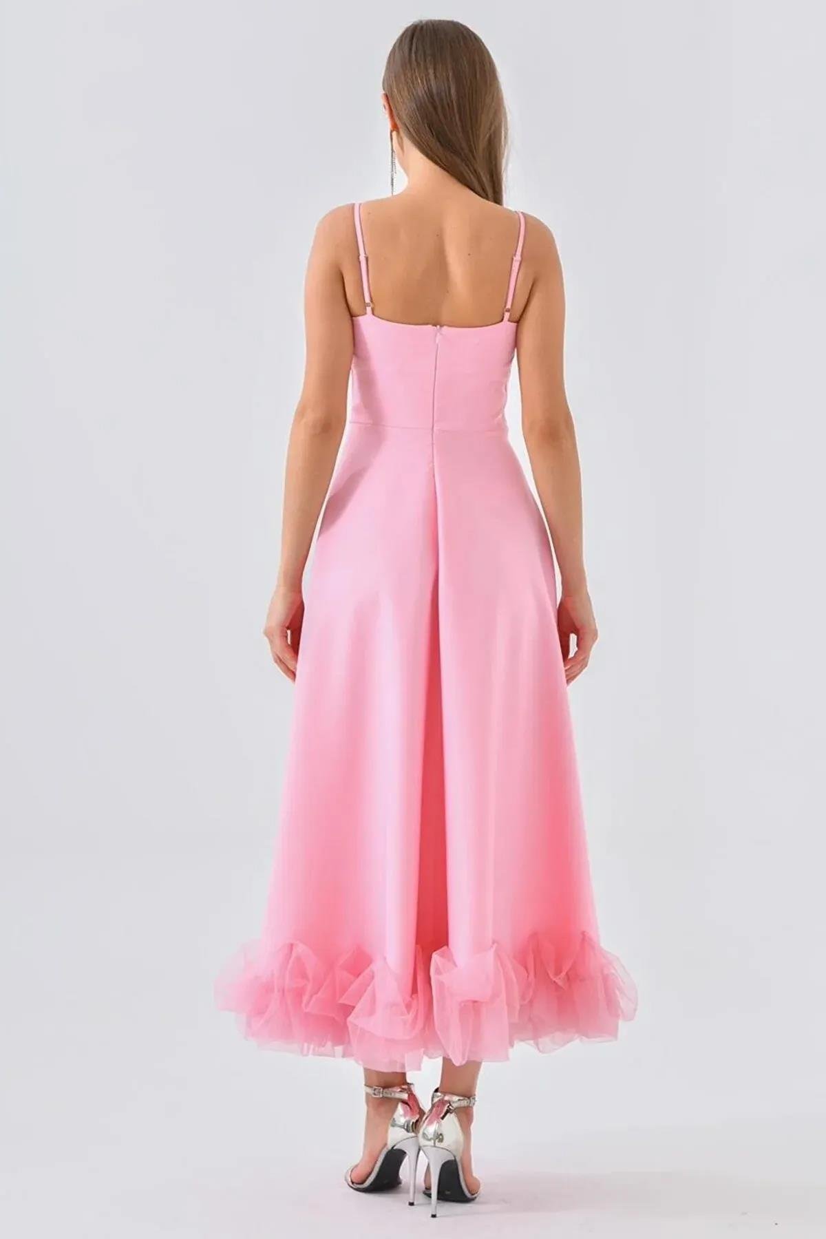 Atlas Kumaş İnce Askılı Etekucu Tül Detay Midi Boy Kloş Kesim Pembe Mezuniyet Elbisesi 9326 PEMBE