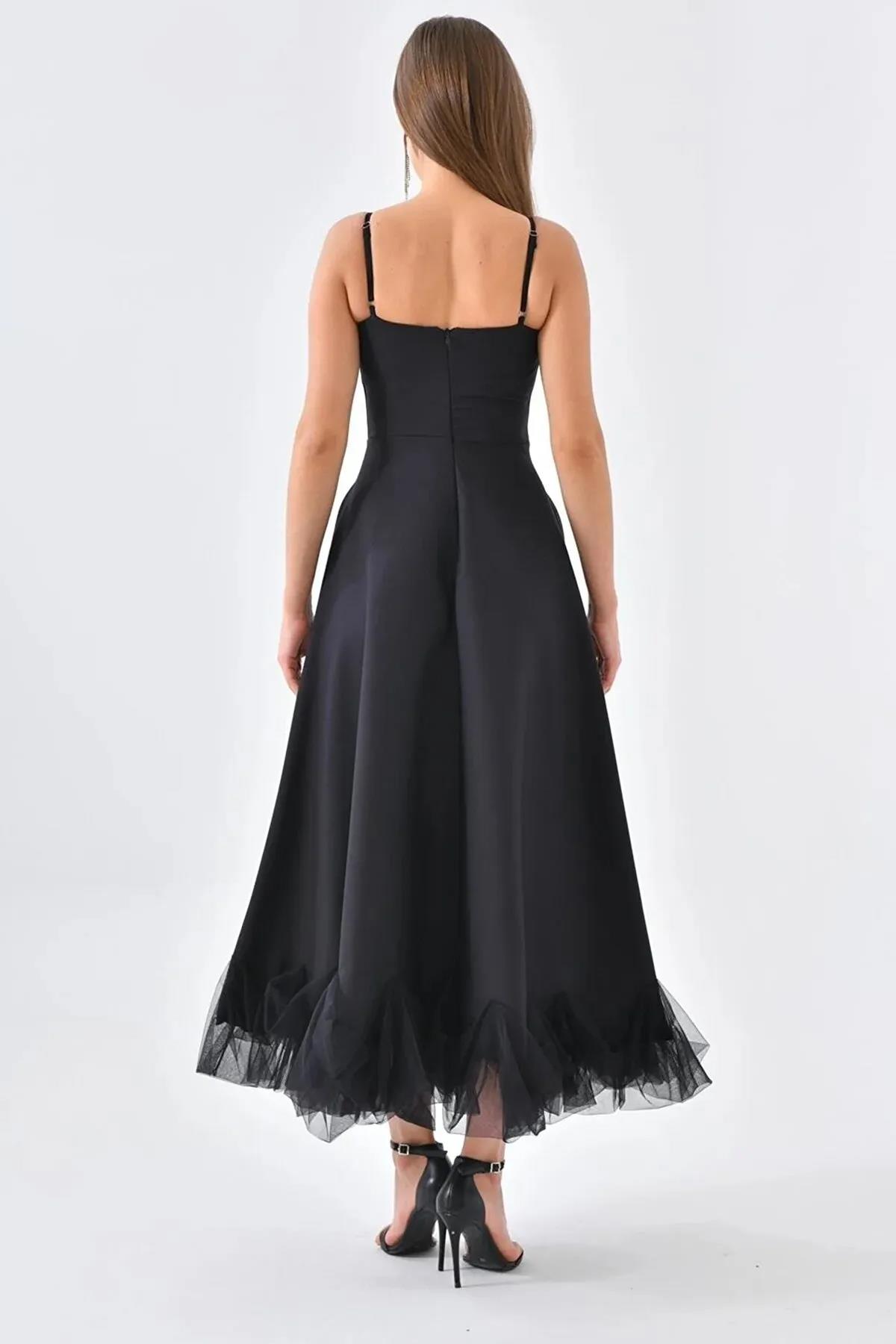 Atlas Kumaş İnce Askılı Etekucu Tül Detay Midi Boy Kloş Kesim Pembe Mezuniyet Elbisesi 9326 SİYAH