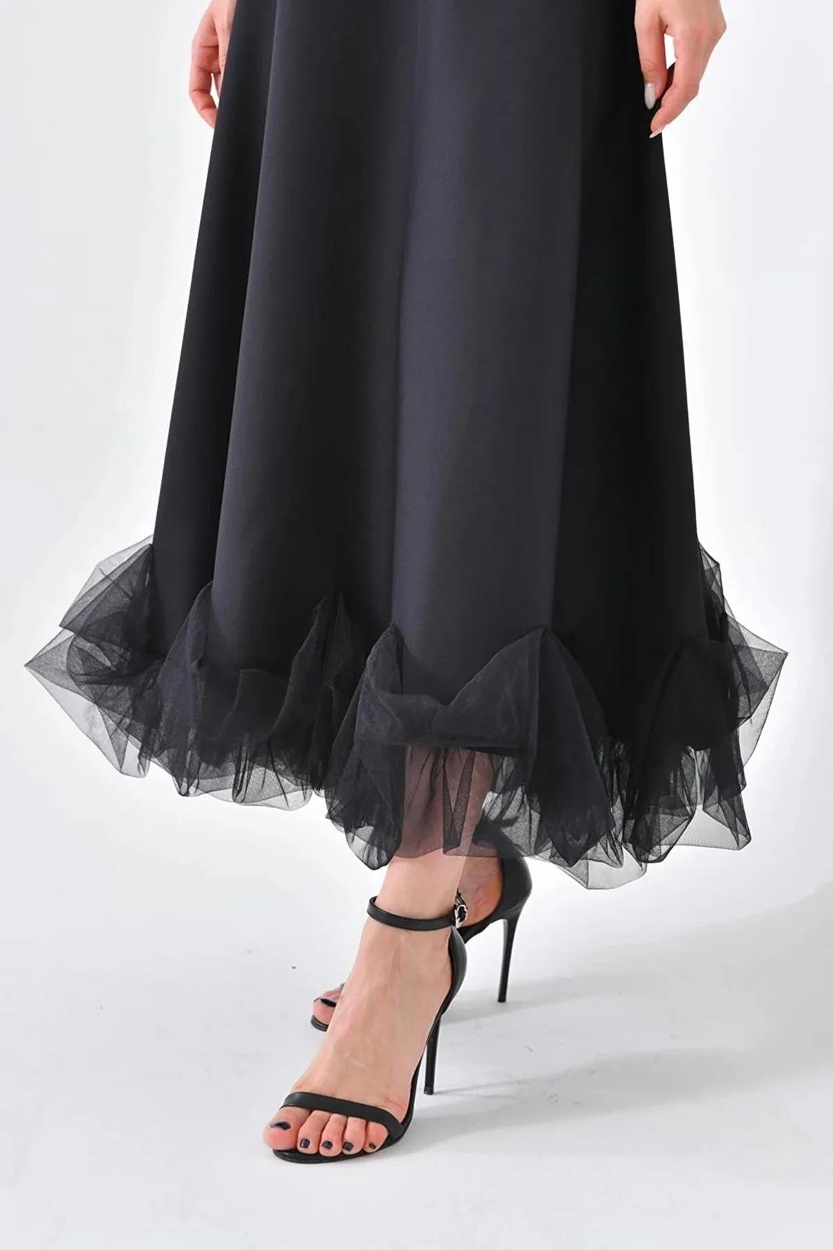 Atlas Kumaş İnce Askılı Etekucu Tül Detay Midi Boy Kloş Kesim Pembe Mezuniyet Elbisesi 9326 SİYAH