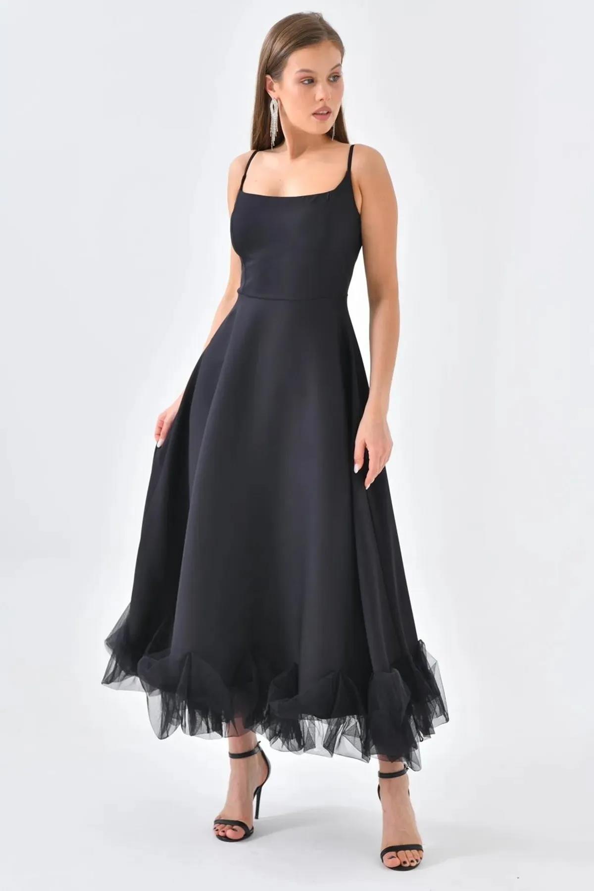 Atlas Kumaş İnce Askılı Etekucu Tül Detay Midi Boy Kloş Kesim Pembe Mezuniyet Elbisesi 9326 SİYAH