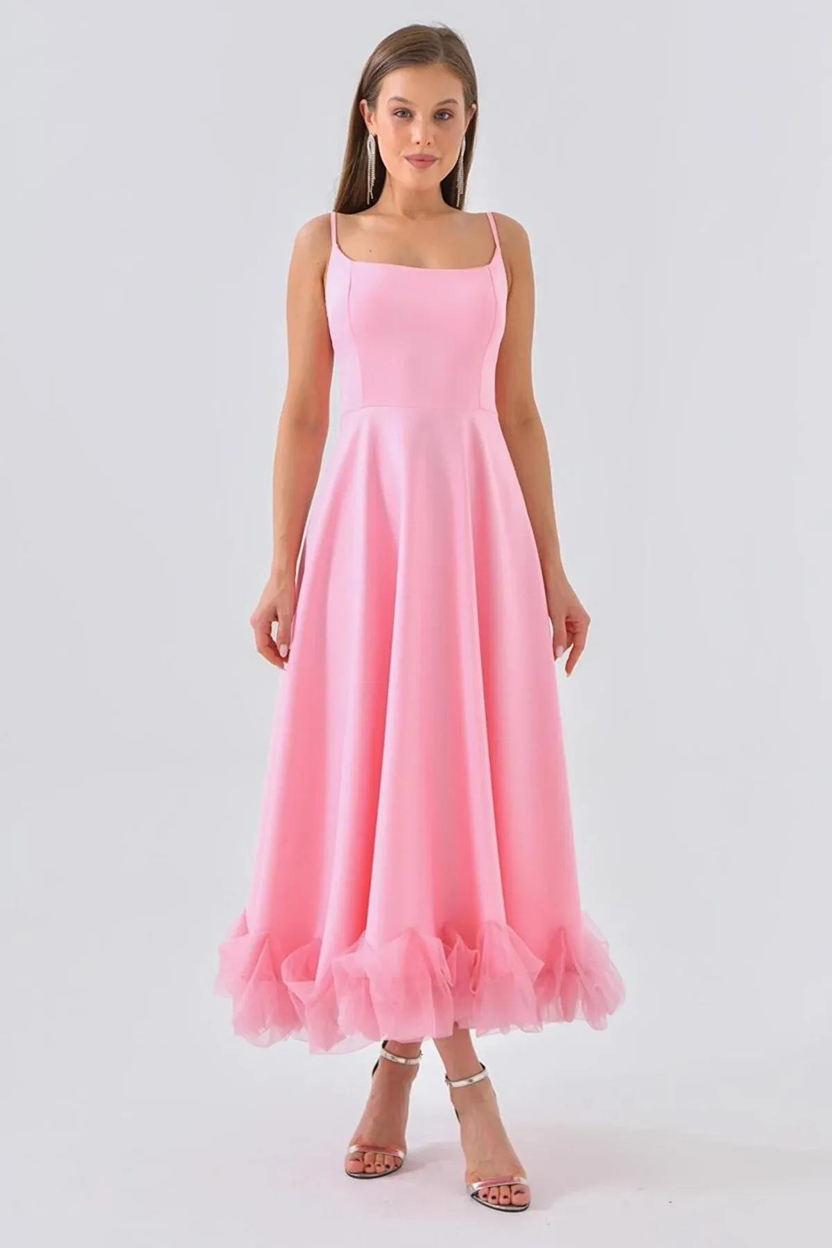 Atlas Kumaş İnce Askılı Etekucu Tül Detay Midi Boy Kloş Kesim Pembe Mezuniyet Elbisesi 9326 PEMBE