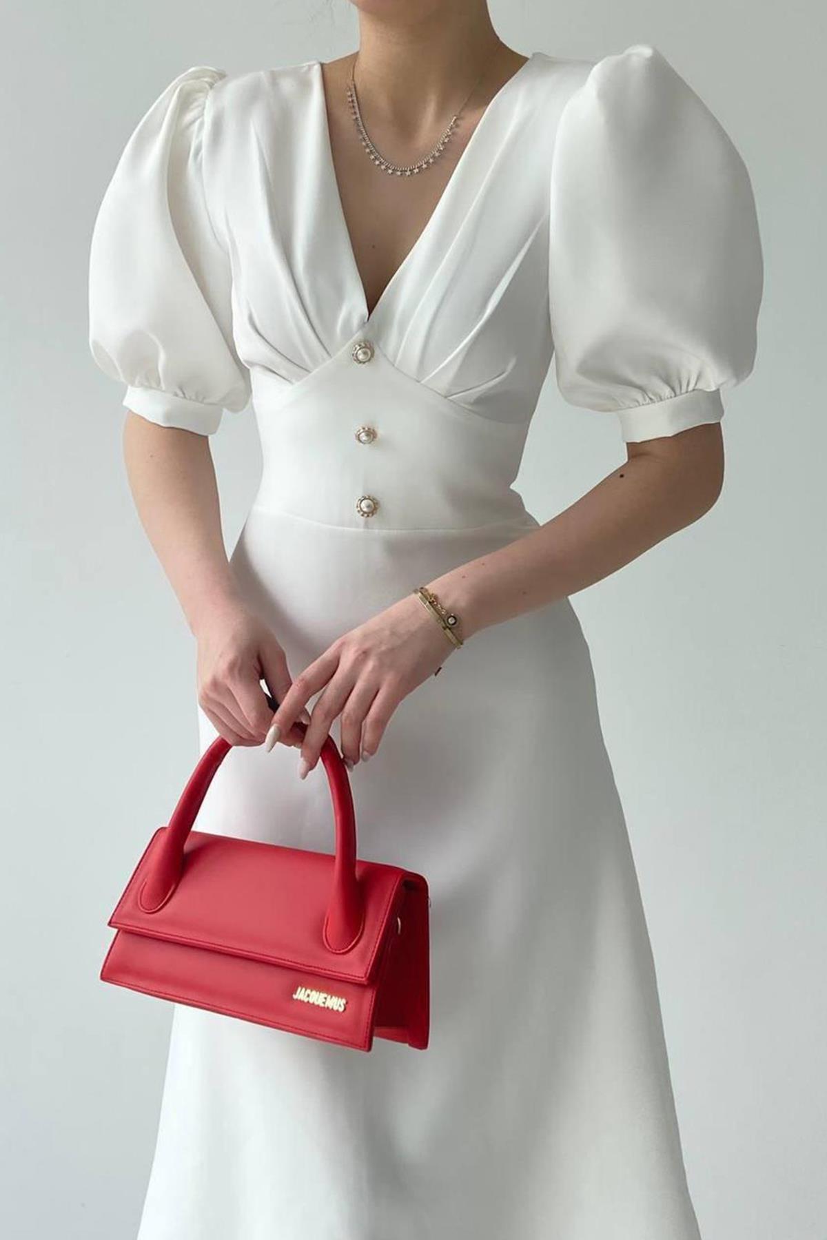 BALON KOL ÖNÜ DÜĞME DETAY MİDİ BOY ELBİSE BEYAZ