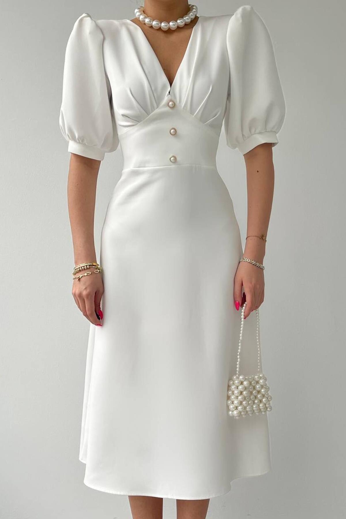 BALON KOL ÖNÜ DÜĞME DETAY MİDİ BOY ELBİSE BEYAZ