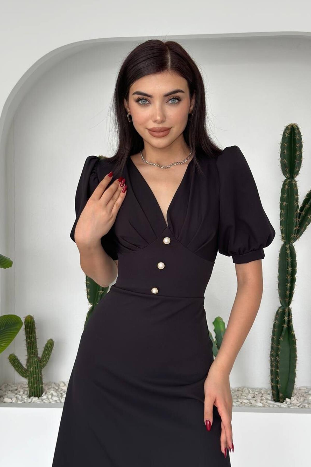 BALON KOL ÖNÜ DÜĞME DETAY MİDİ BOY ELBİSE SİYAH