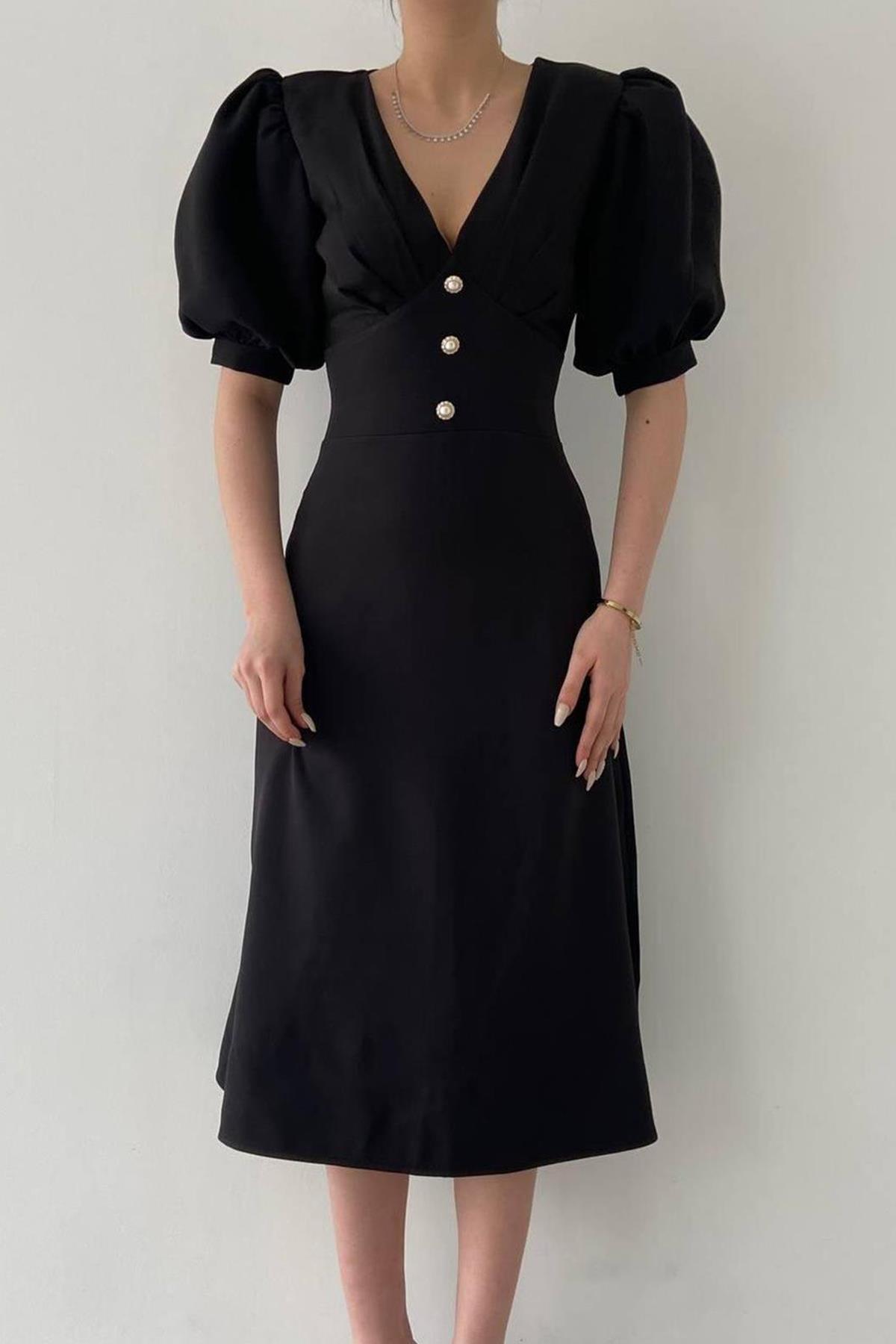 BALON KOL ÖNÜ DÜĞME DETAY MİDİ BOY ELBİSE SİYAH