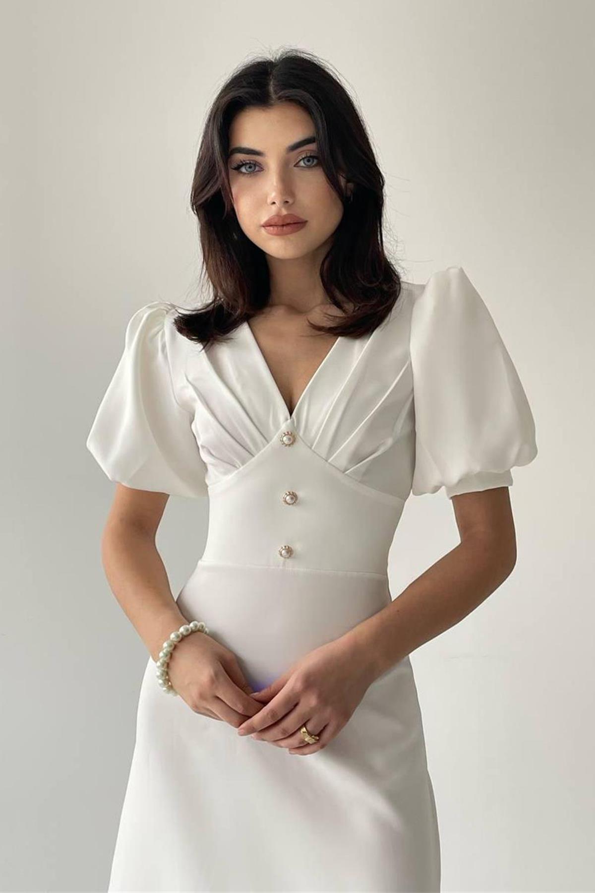 BALON KOL ÖNÜ DÜĞME DETAY MİDİ BOY ELBİSE BEYAZ