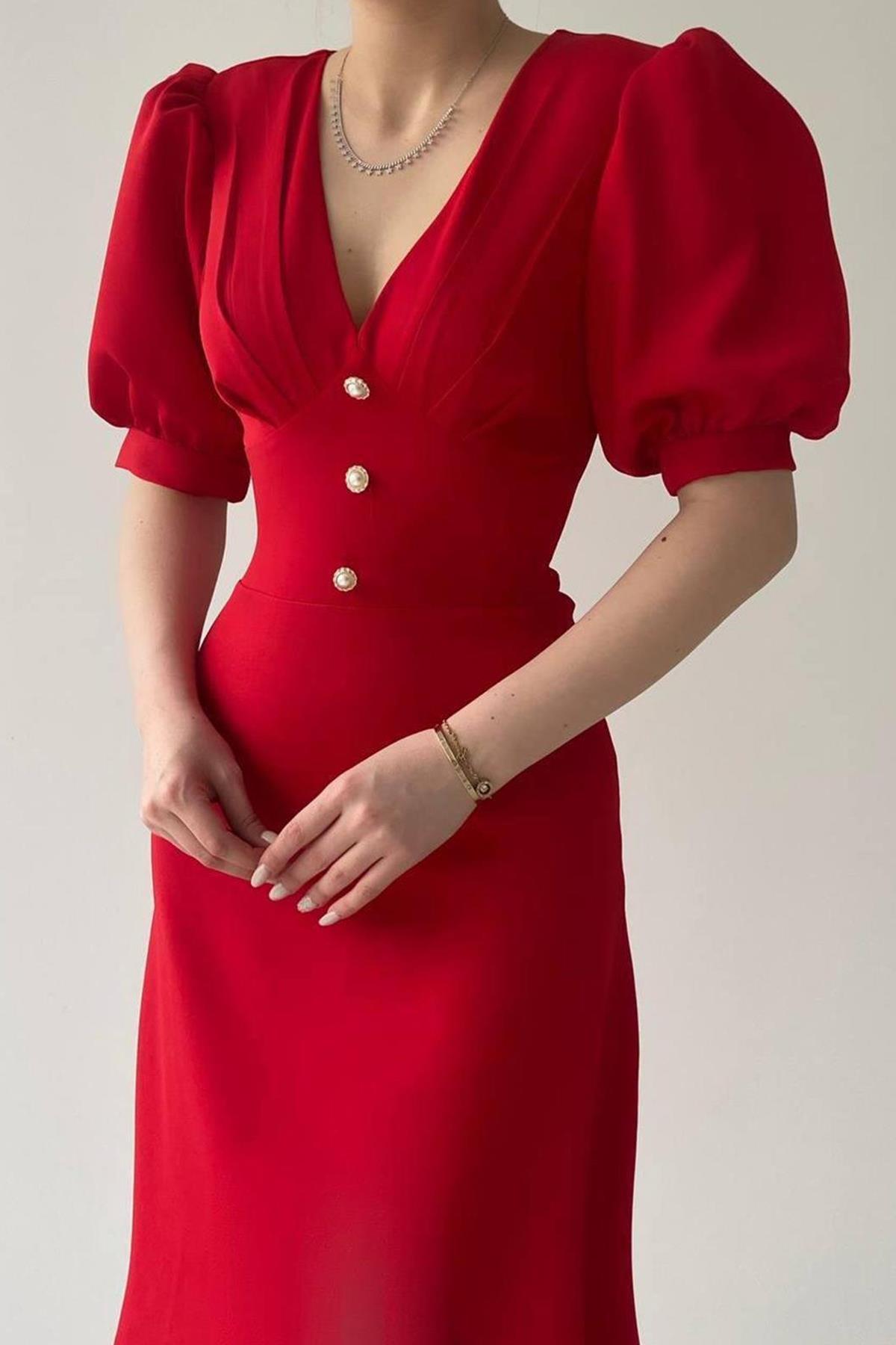 BALON KOL ÖNÜ DÜĞME DETAY MİDİ BOY ELBİSE KIRMIZI